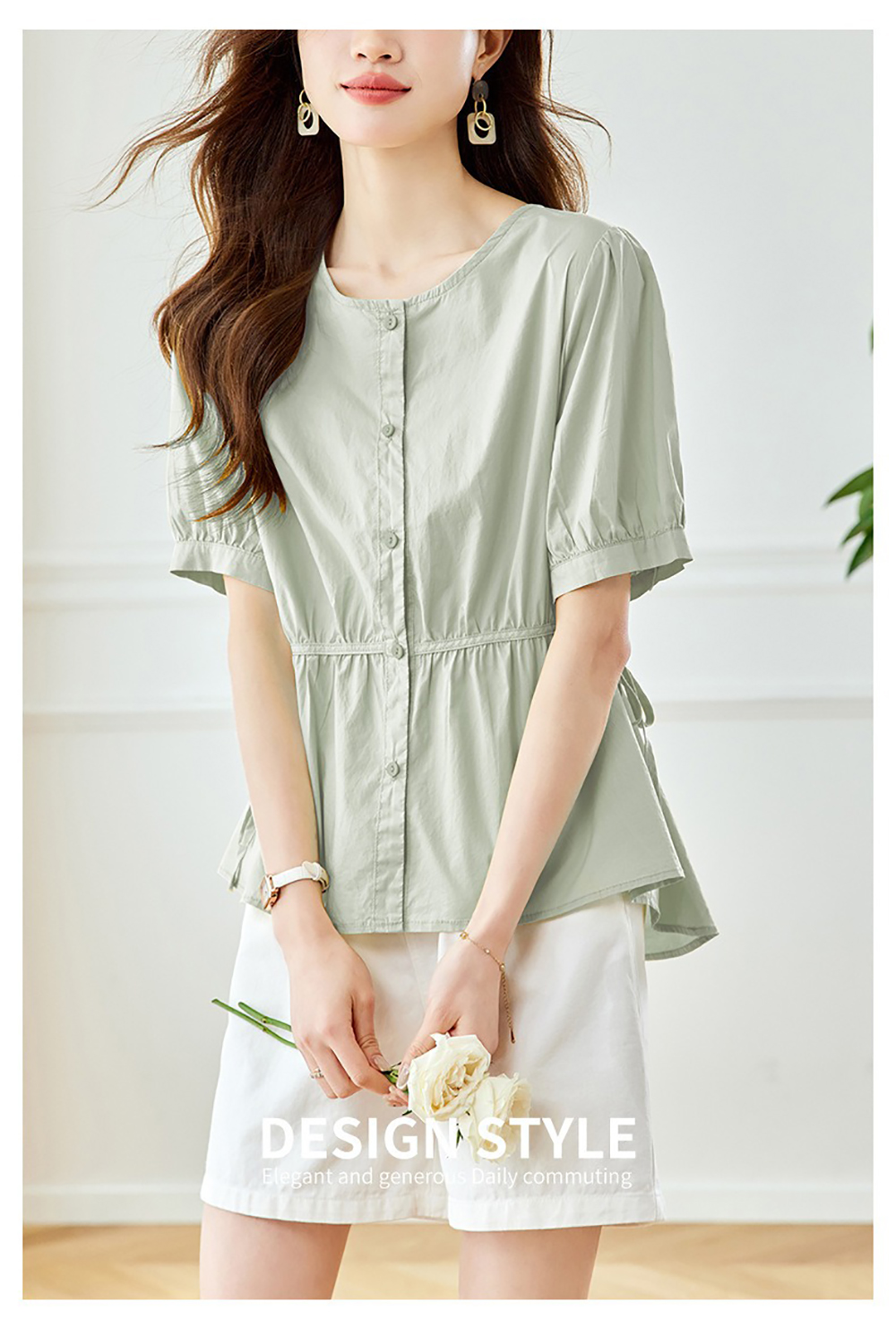 側綁帶純色圓領襯衫,evaviva,8C-HV7545,側綁帶純色圓領襯衫,領500,999免運