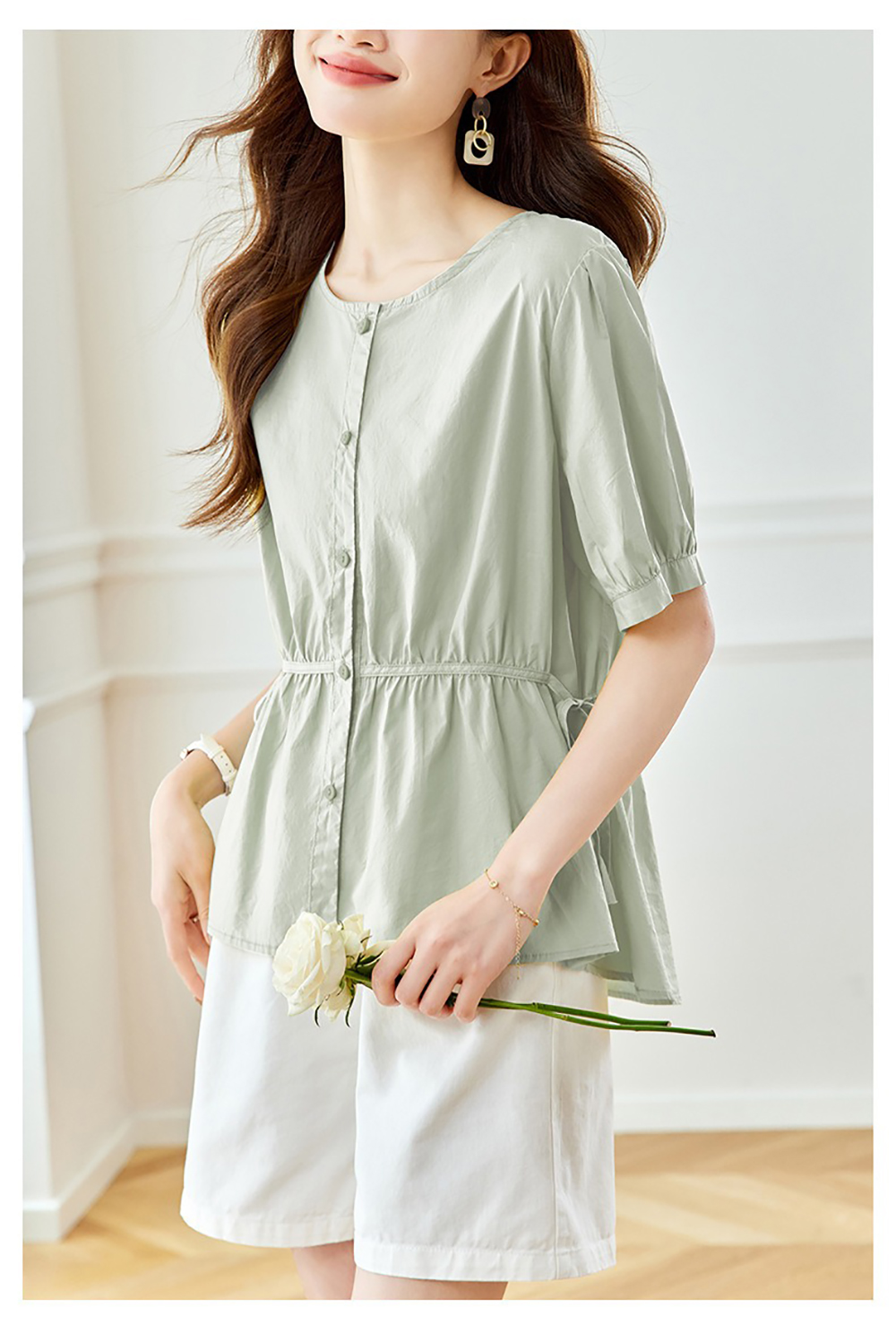 側綁帶純色圓領襯衫,evaviva,8C-HV7545,側綁帶純色圓領襯衫,領500,999免運