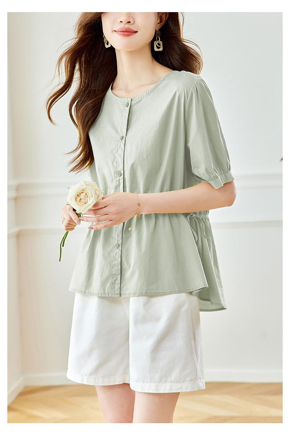 側綁帶純色圓領襯衫,evaviva,8C-HV7545,側綁帶純色圓領襯衫,領500,999免運