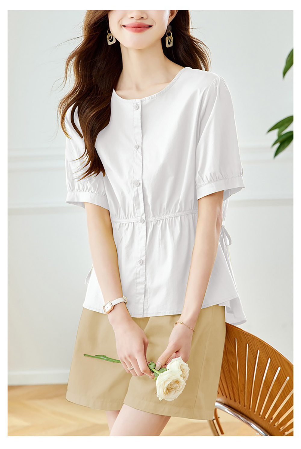 側綁帶純色圓領襯衫,evaviva,8C-HV7545,側綁帶純色圓領襯衫,領500,999免運