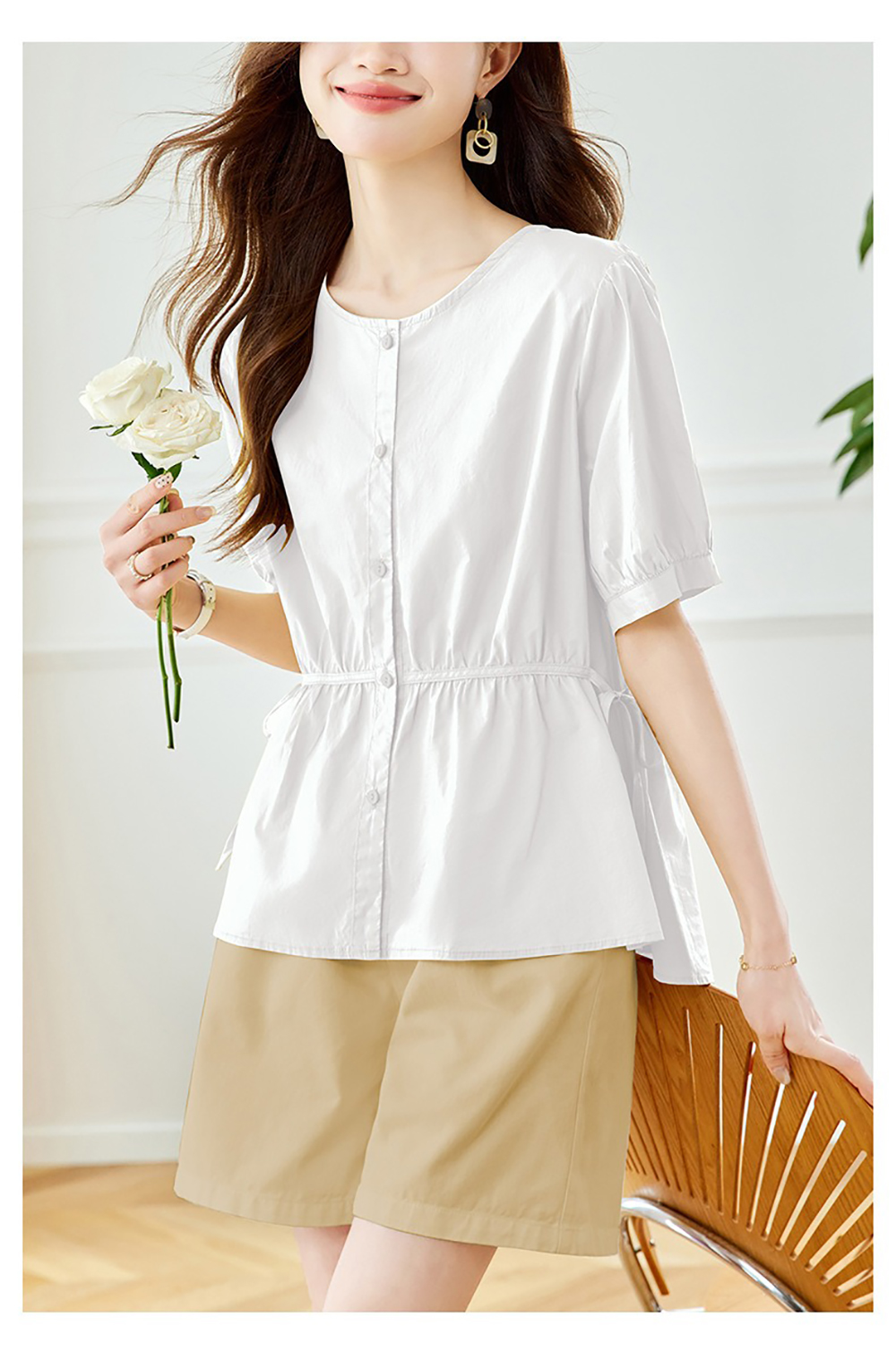 側綁帶純色圓領襯衫,evaviva,8C-HV7545,側綁帶純色圓領襯衫,領500,999免運