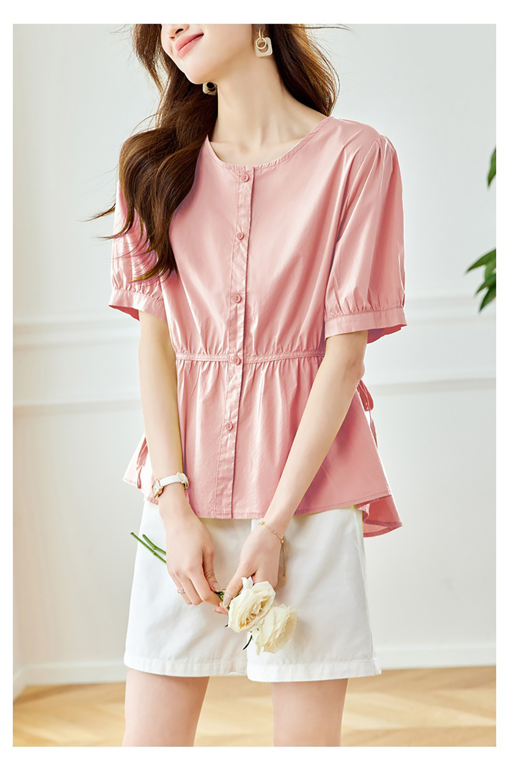 側綁帶純色圓領襯衫,evaviva,8C-HV7545,側綁帶純色圓領襯衫,領500,999免運