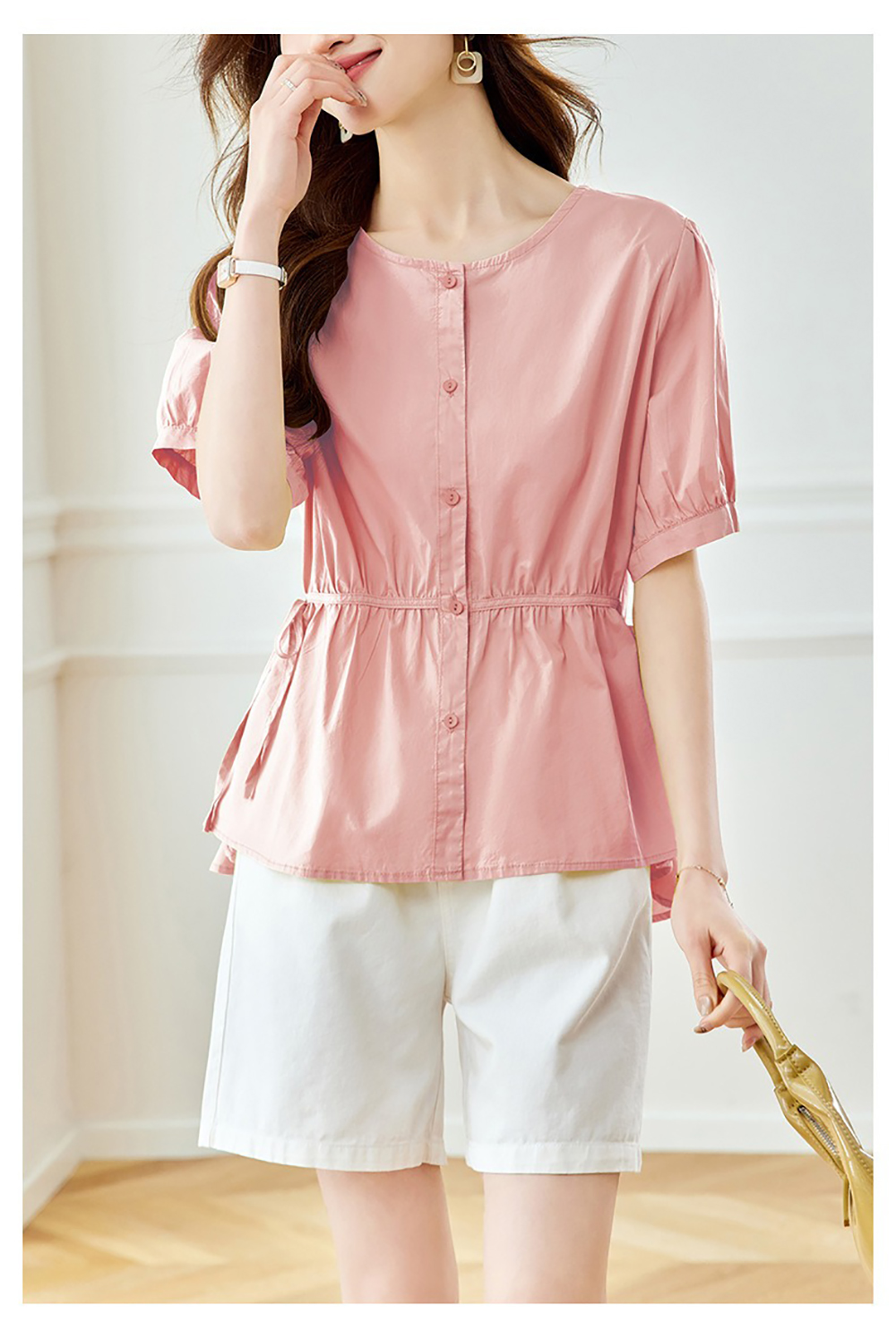 側綁帶純色圓領襯衫,evaviva,8C-HV7545,側綁帶純色圓領襯衫,領500,999免運