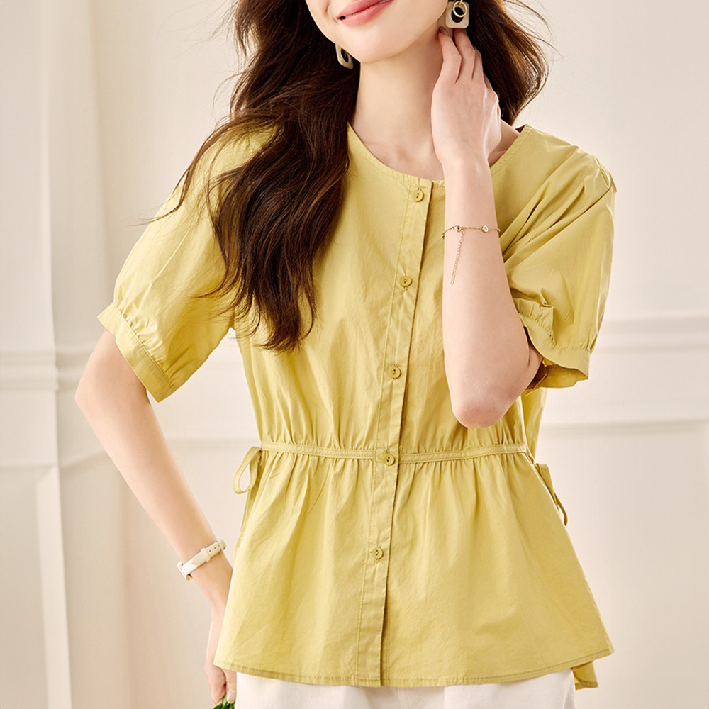 側綁帶純色圓領襯衫