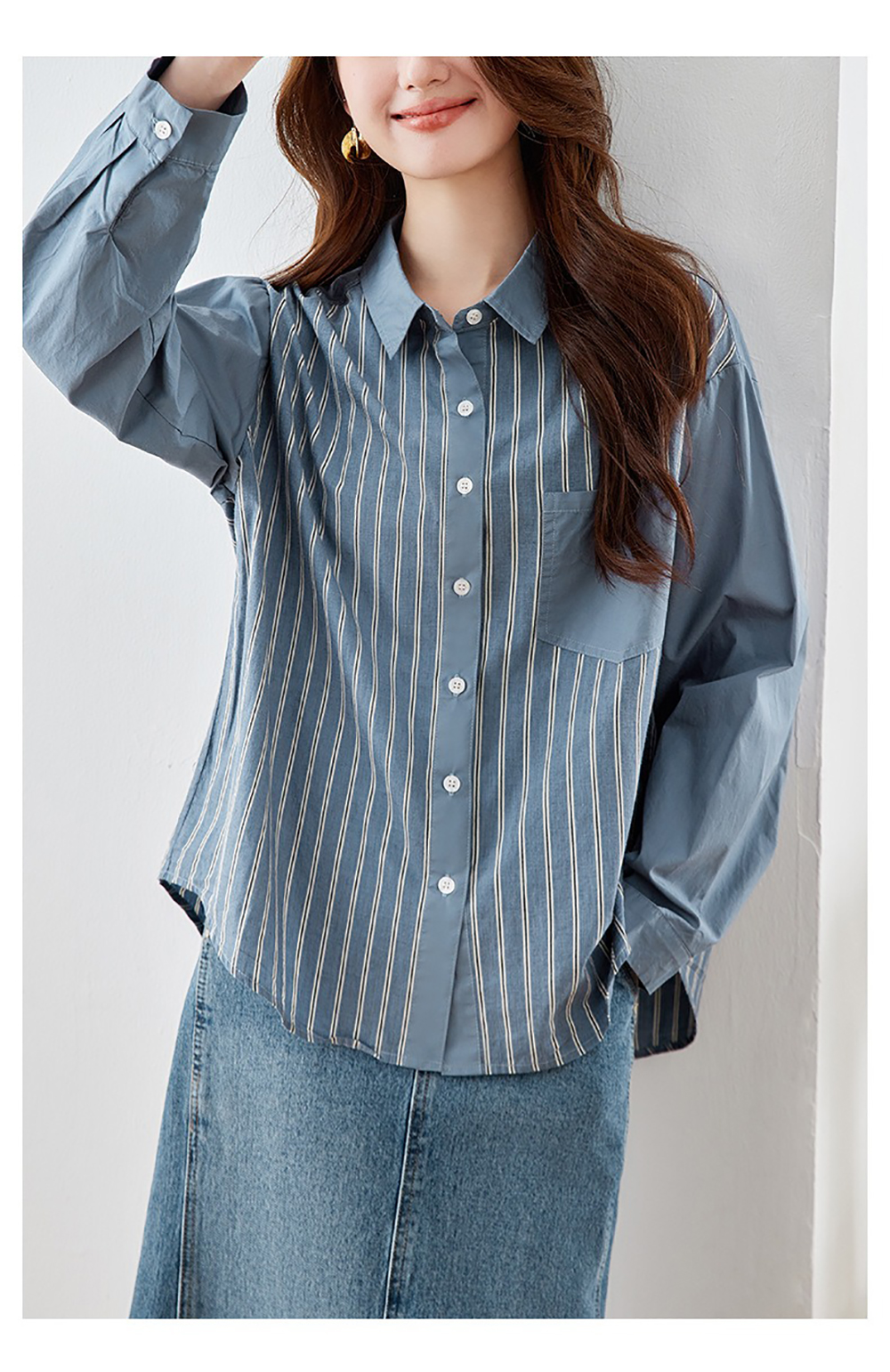 通勤質感條紋拼接襯衫,evaviva,8C-HV7546,通勤質感條紋拼接襯衫,領500,999免運