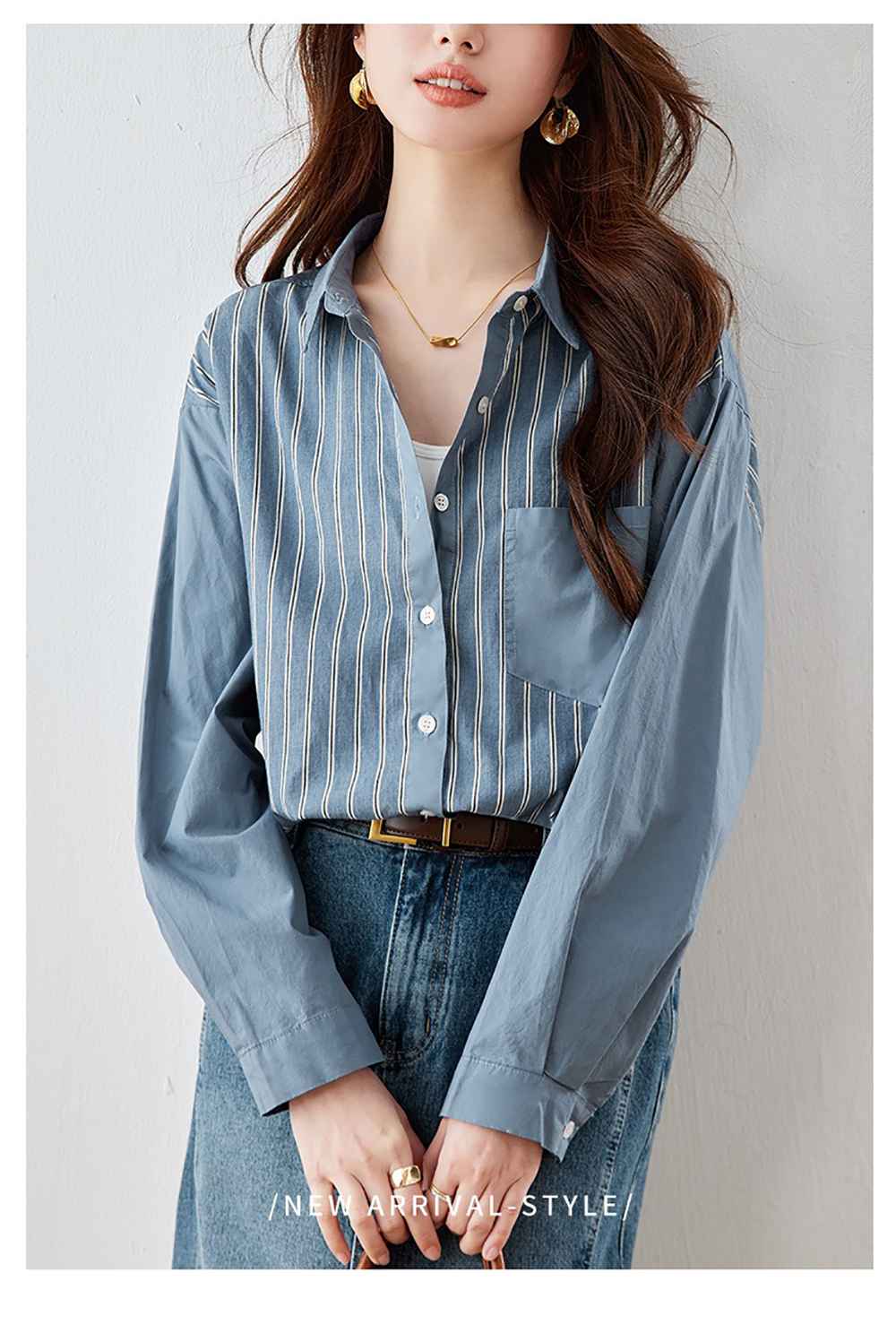 通勤質感條紋拼接襯衫,evaviva,8C-HV7546,通勤質感條紋拼接襯衫,領500,999免運