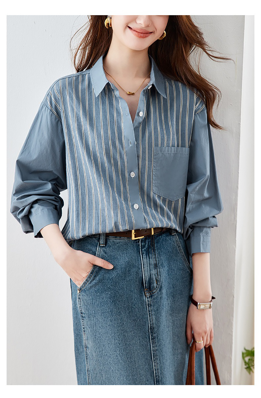 通勤質感條紋拼接襯衫,evaviva,8C-HV7546,通勤質感條紋拼接襯衫,領500,999免運