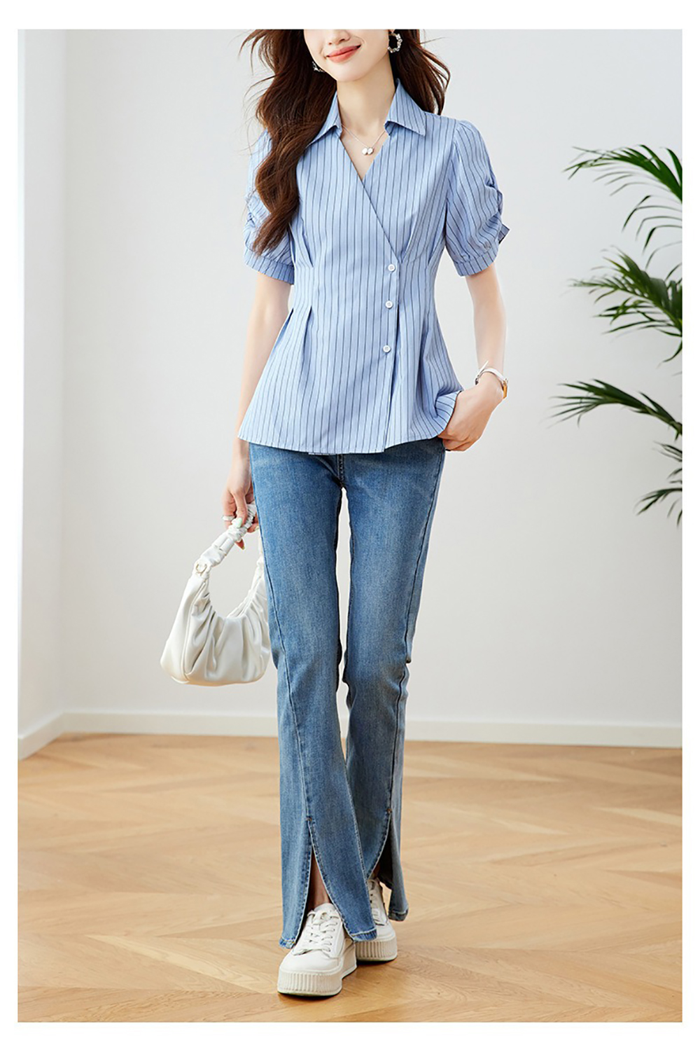 條紋泡泡袖收腰襯衫,evaviva,8C-HV7547,條紋泡泡袖收腰襯衫,領500,999免運