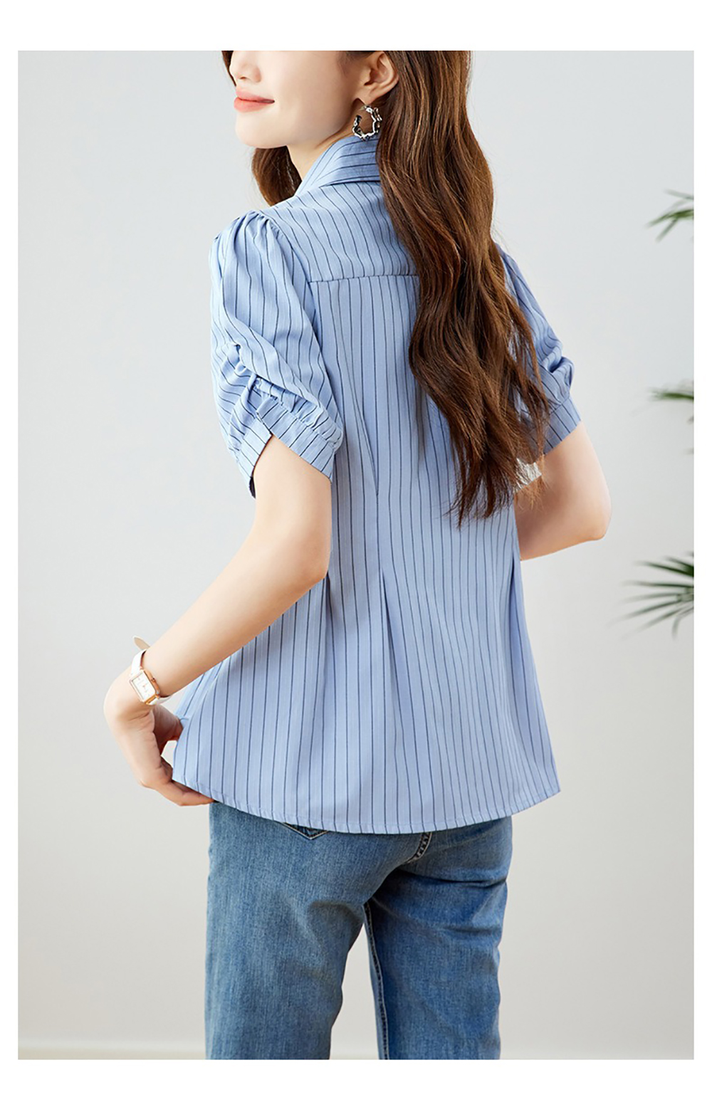 條紋泡泡袖收腰襯衫,evaviva,8C-HV7547,條紋泡泡袖收腰襯衫,領500,999免運