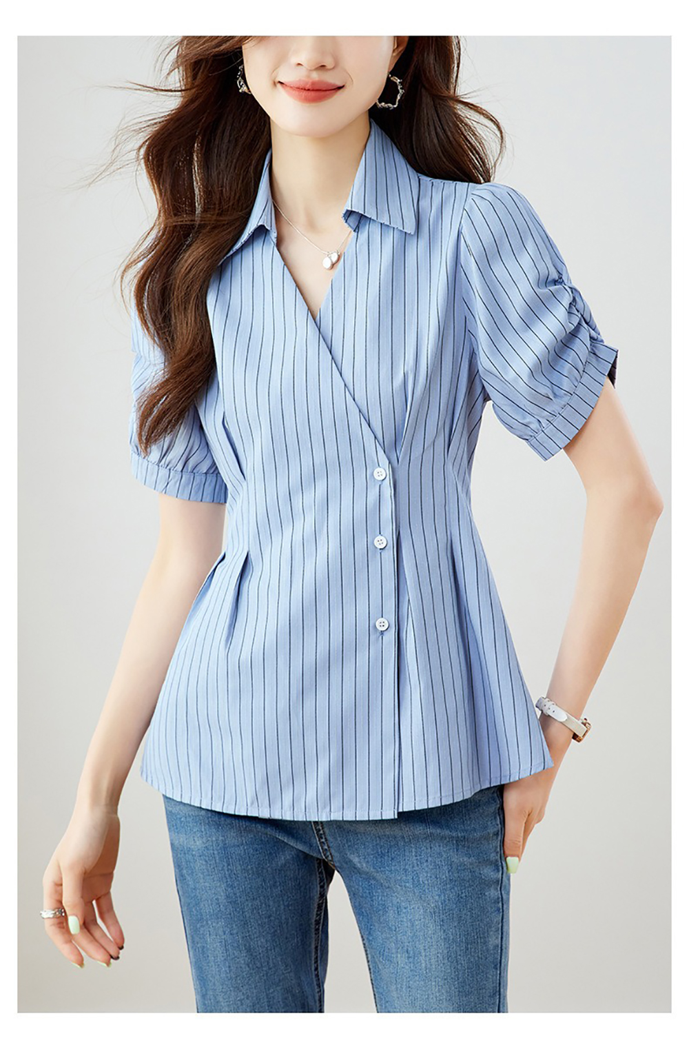 條紋泡泡袖收腰襯衫,evaviva,8C-HV7547,條紋泡泡袖收腰襯衫,領500,999免運