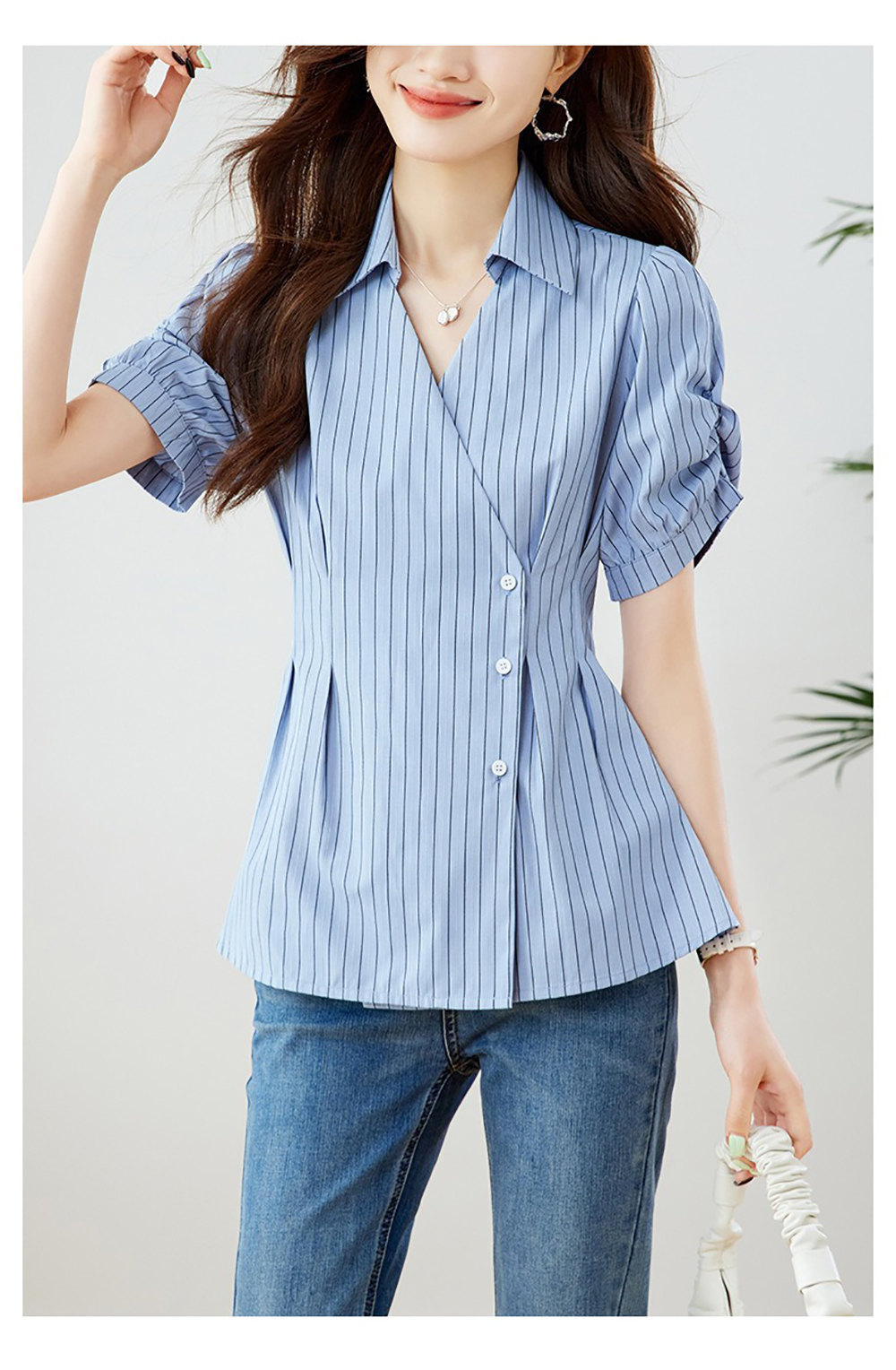 條紋泡泡袖收腰襯衫,evaviva,8C-HV7547,條紋泡泡袖收腰襯衫,領500,999免運