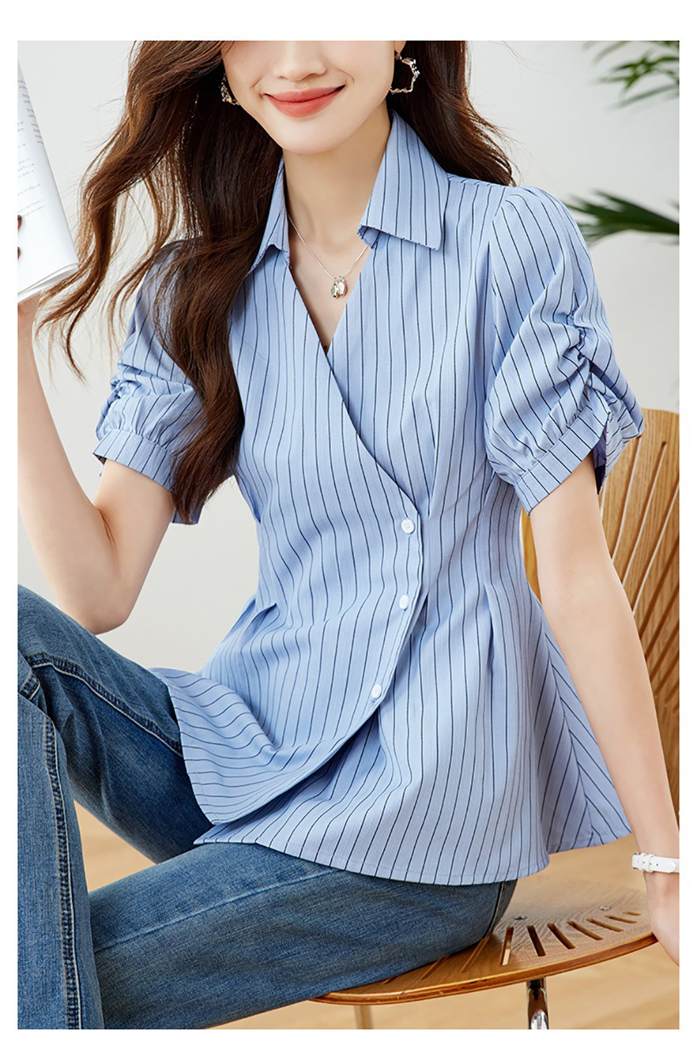 條紋泡泡袖收腰襯衫,evaviva,8C-HV7547,條紋泡泡袖收腰襯衫,領500,999免運