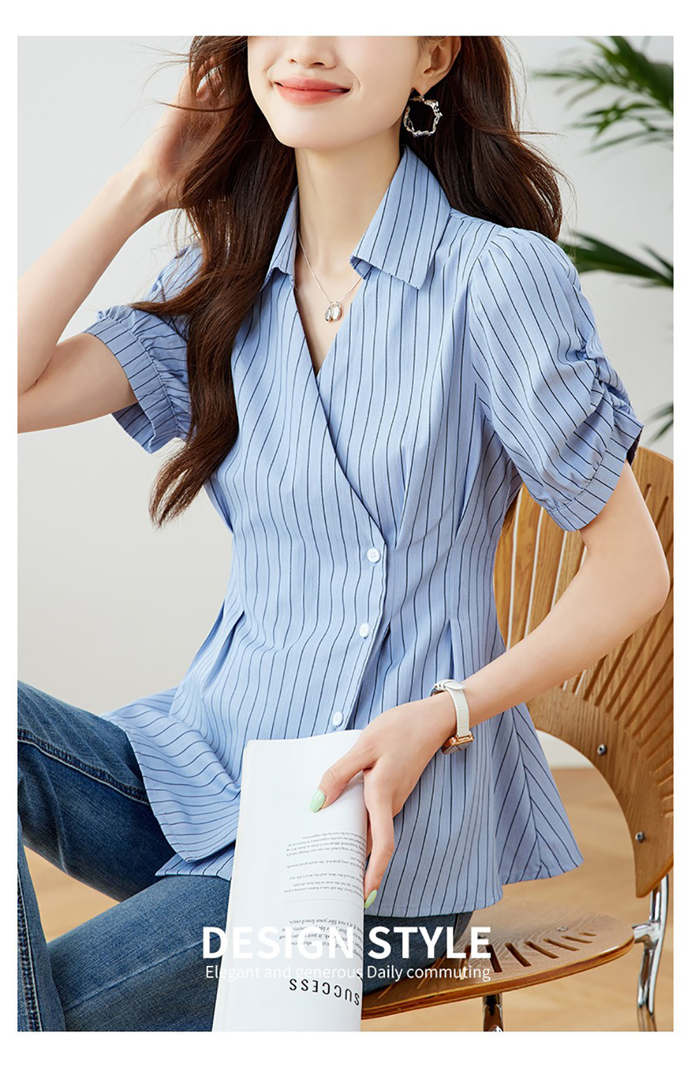 條紋泡泡袖收腰襯衫,evaviva,8C-HV7547,條紋泡泡袖收腰襯衫,領500,999免運