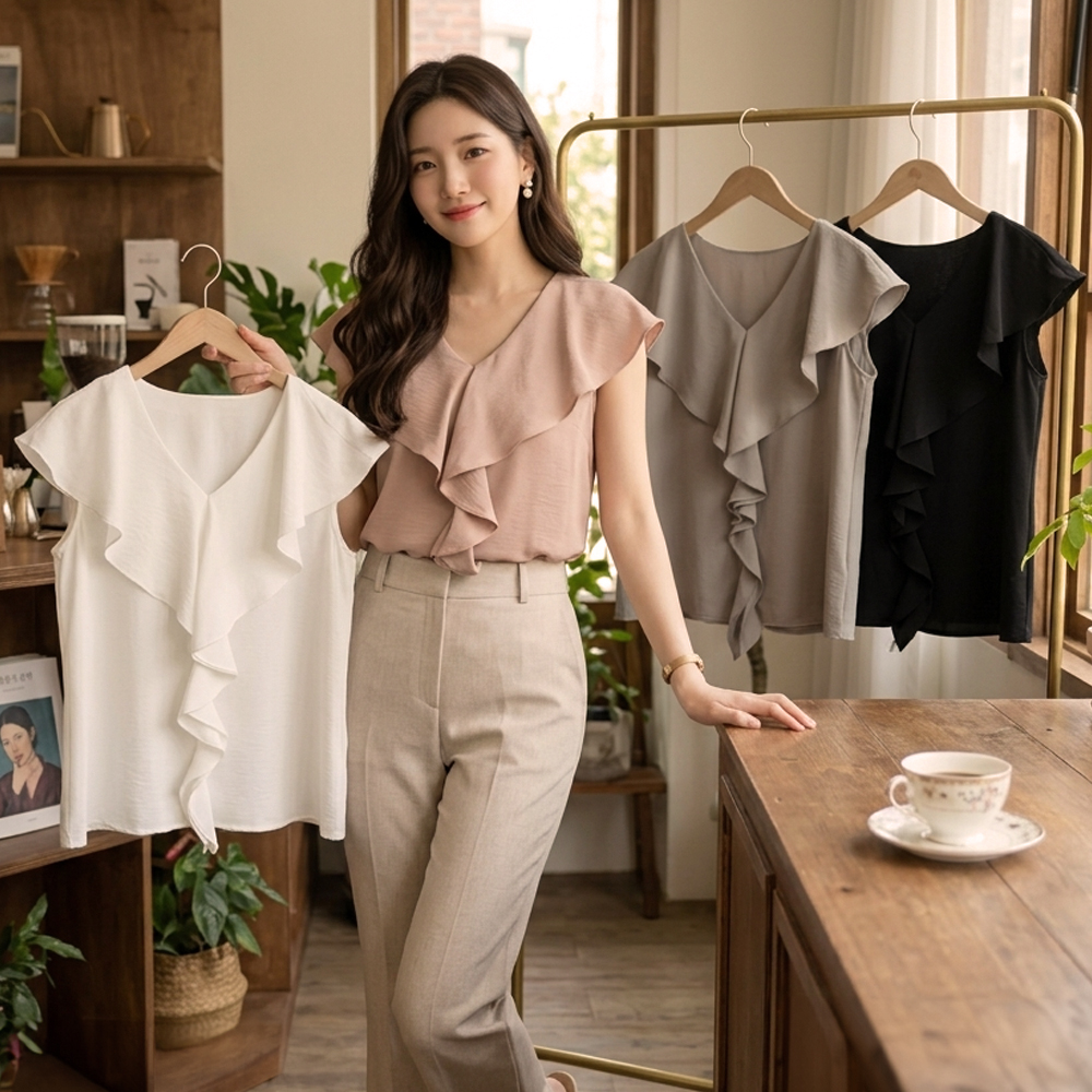 V領波浪荷葉邊上衣