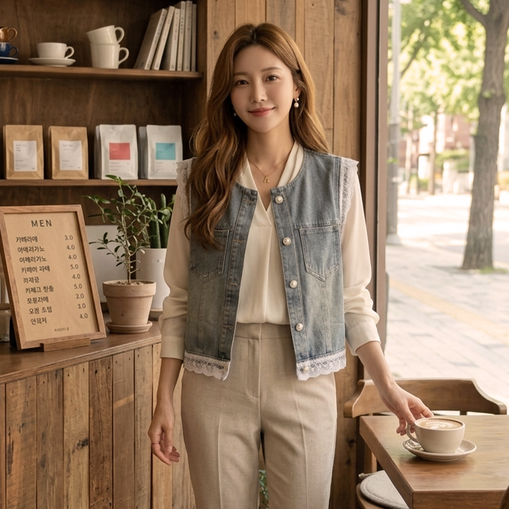 蕾絲拼接牛仔背心外套