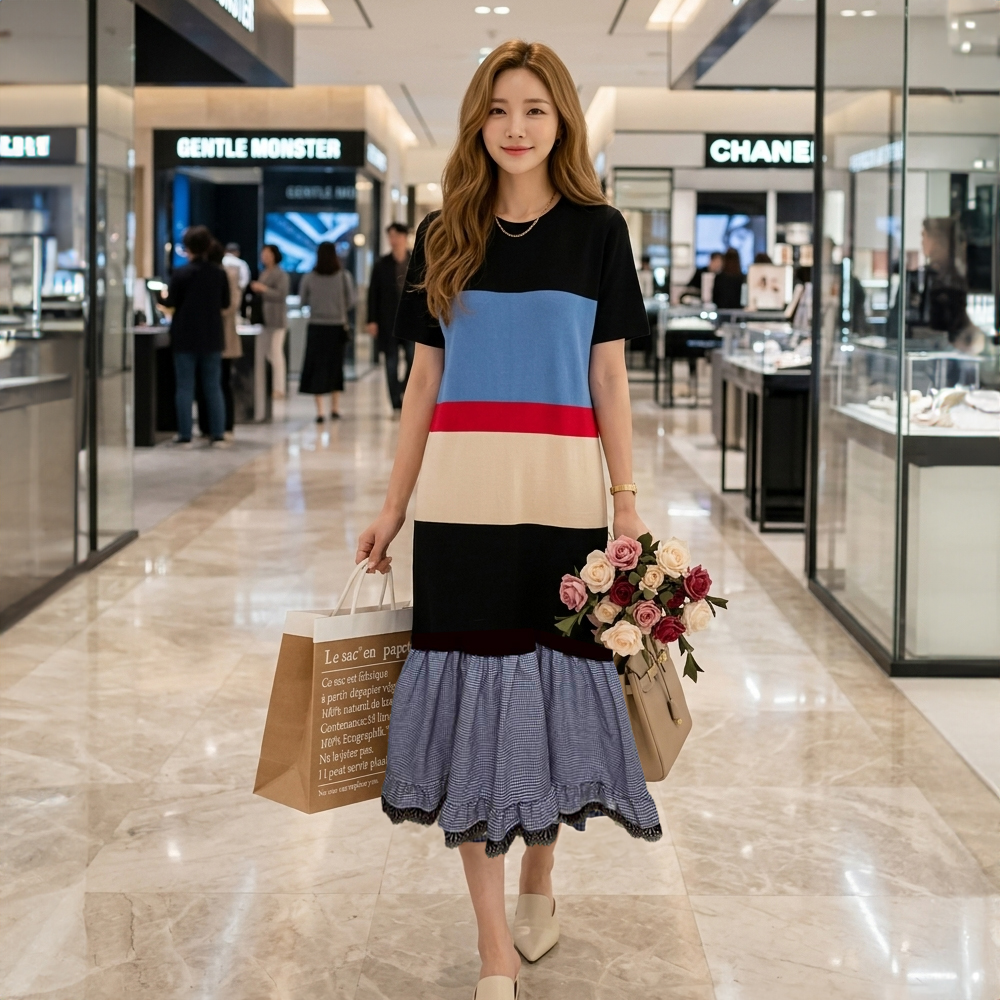 幾何撞色荷葉拼接洋裝