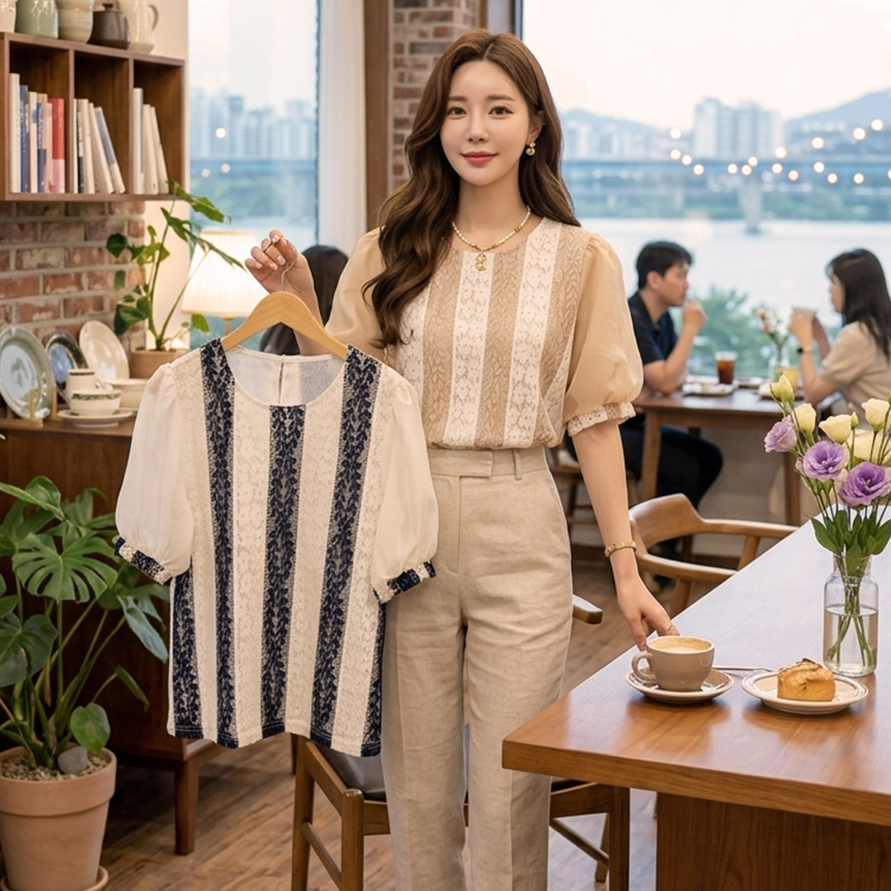 條紋蕾絲拼接澎袖上衣