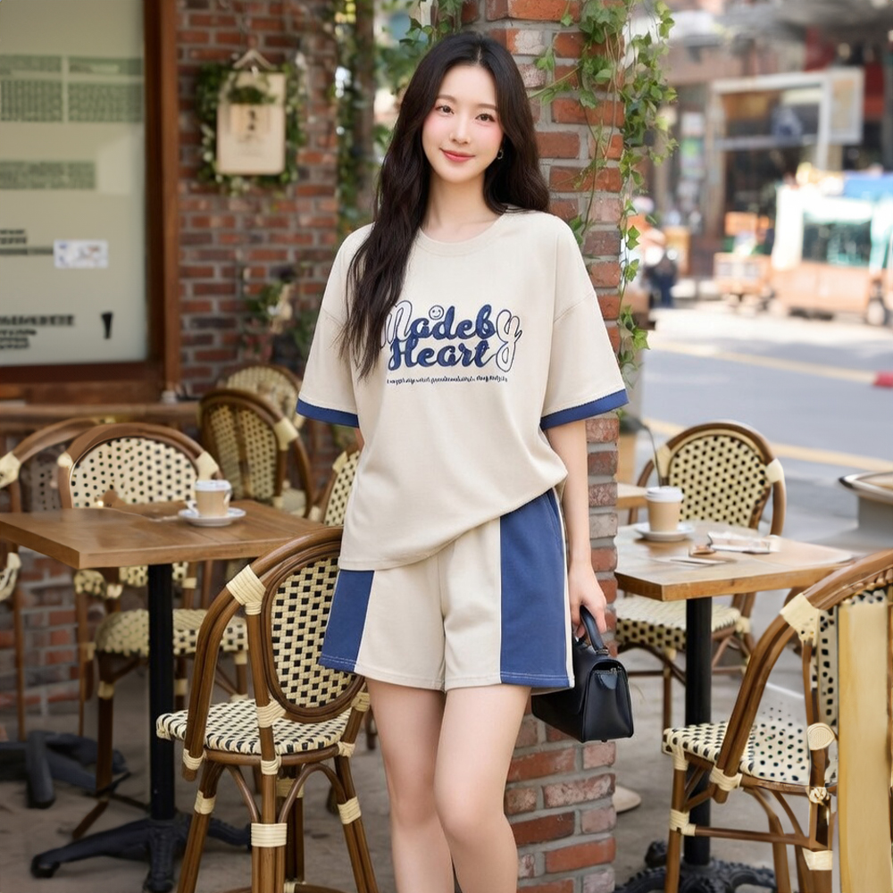 手寫字母撞色短褲套裝