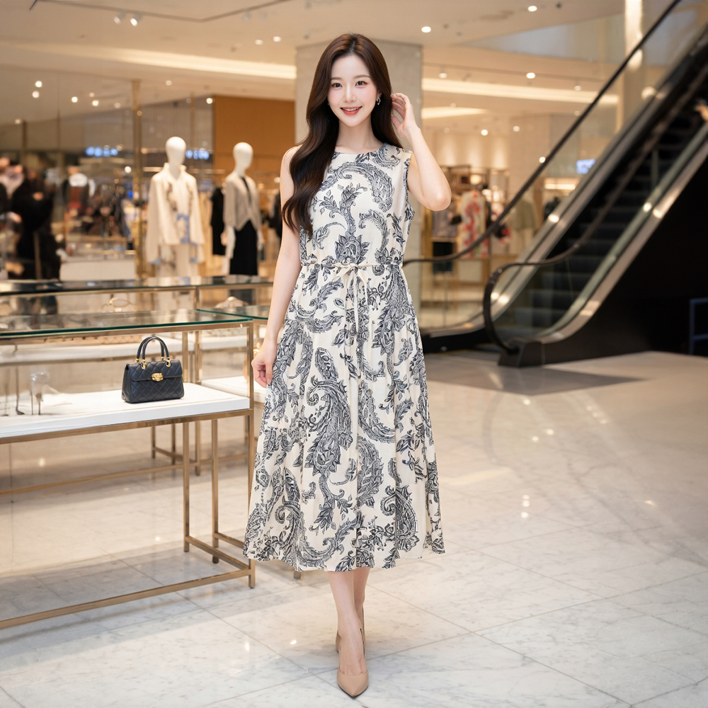 復古圖騰抽繩背心洋裝