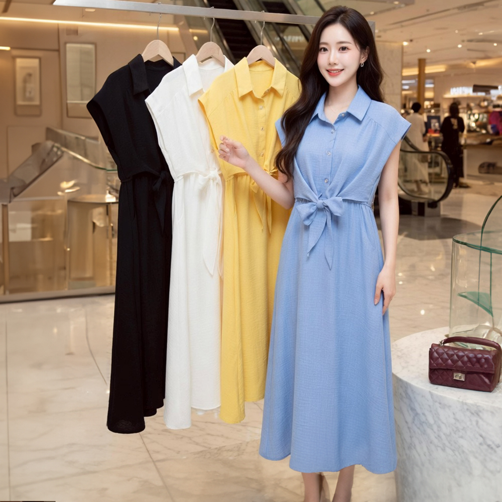 綁帶收腰無袖襯衫洋裝