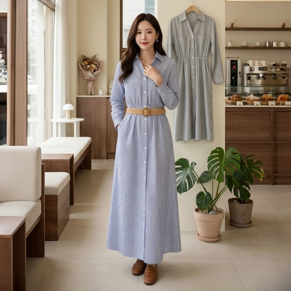 經典直條紋襯衫式洋裝