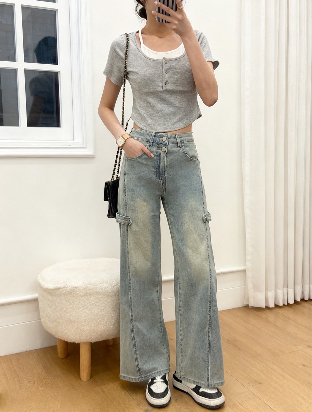 率性高腰設計牛仔寬褲,evaviva,99-BF7527,率性高腰設計牛仔寬褲,領500,999免運