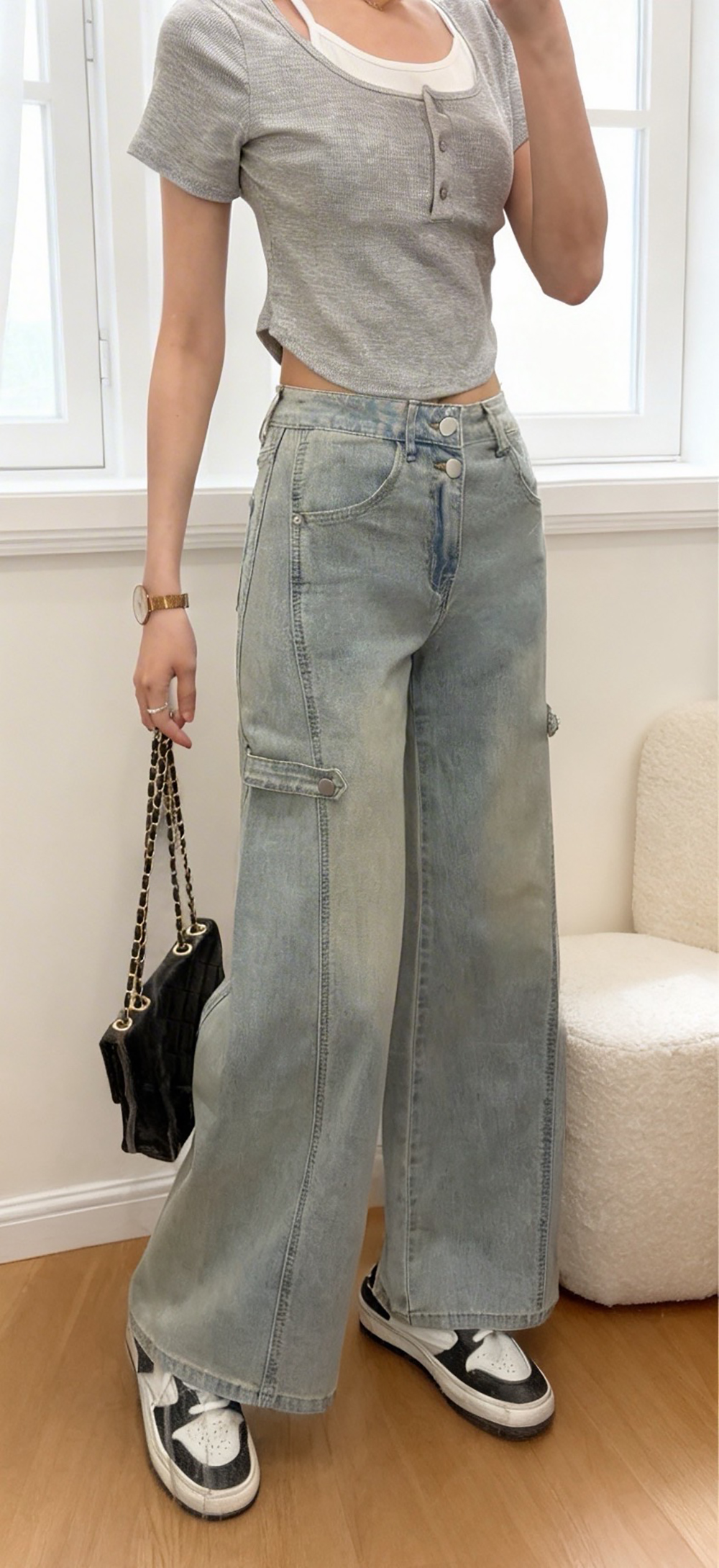 率性高腰設計牛仔寬褲,evaviva,99-BF7527,率性高腰設計牛仔寬褲,領500,999免運