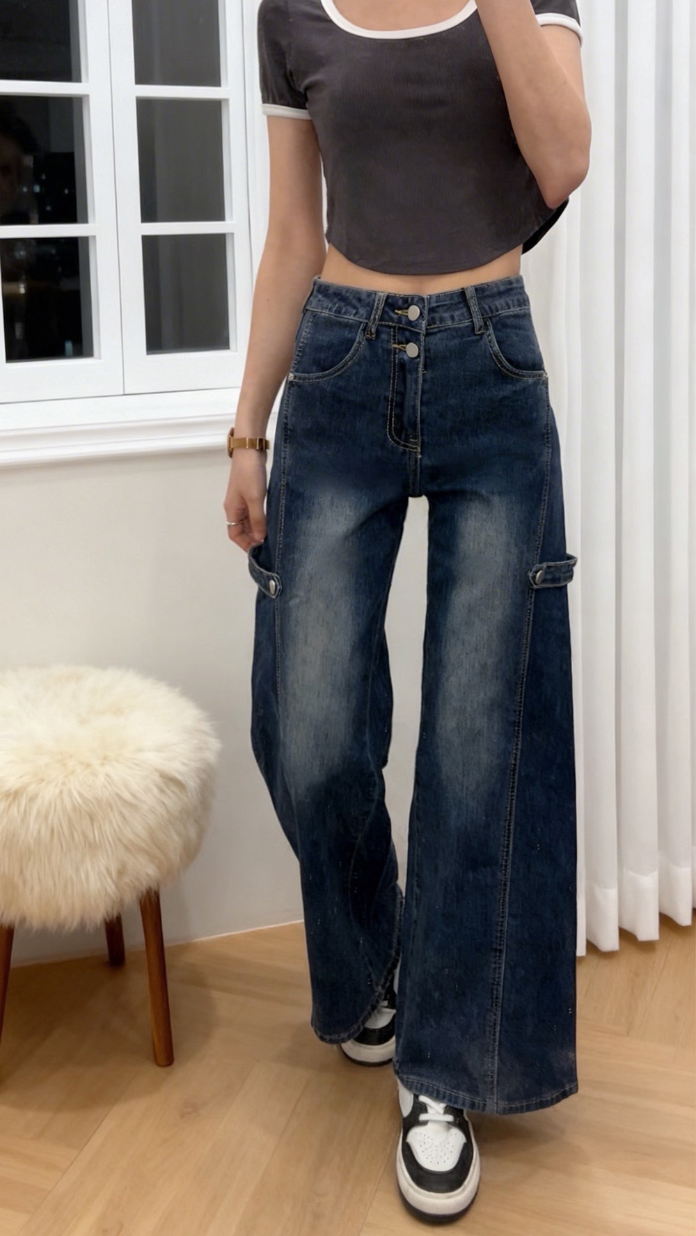 率性高腰設計牛仔寬褲,evaviva,99-BF7527,率性高腰設計牛仔寬褲,領500,999免運