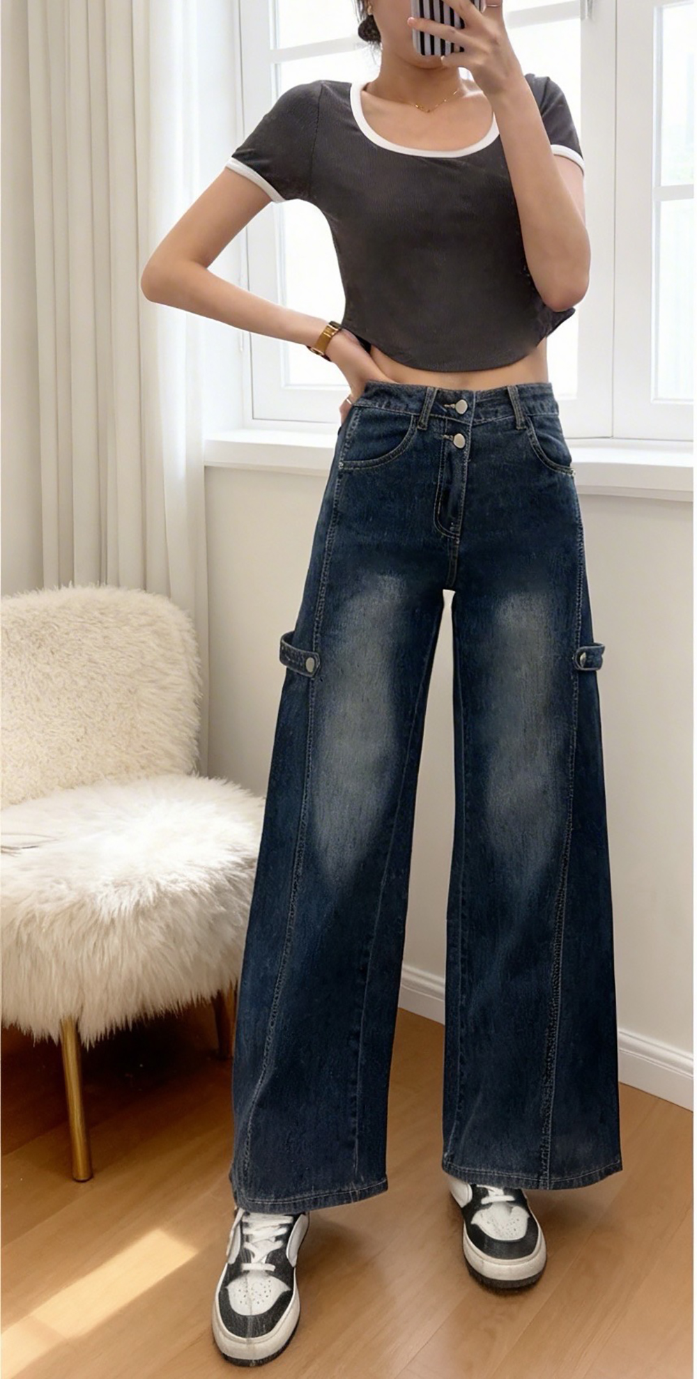 率性高腰設計牛仔寬褲,evaviva,99-BF7527,率性高腰設計牛仔寬褲,領500,999免運