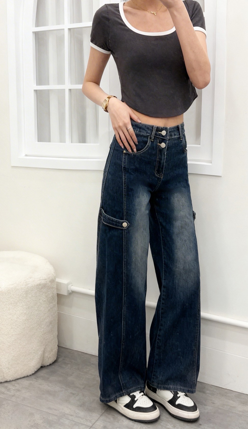 率性高腰設計牛仔寬褲,evaviva,99-BF7527,率性高腰設計牛仔寬褲,領500,999免運