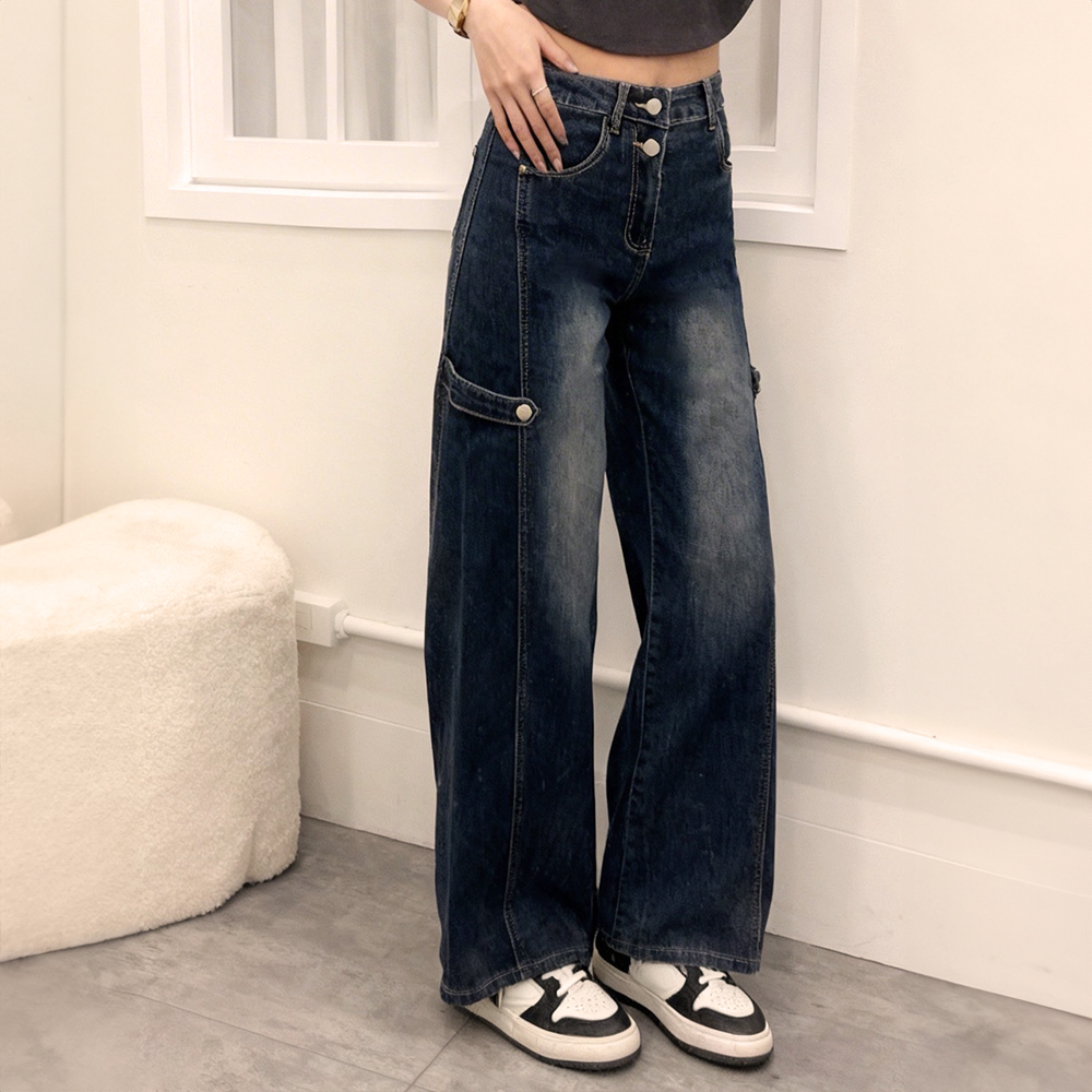 率性高腰設計牛仔寬褲