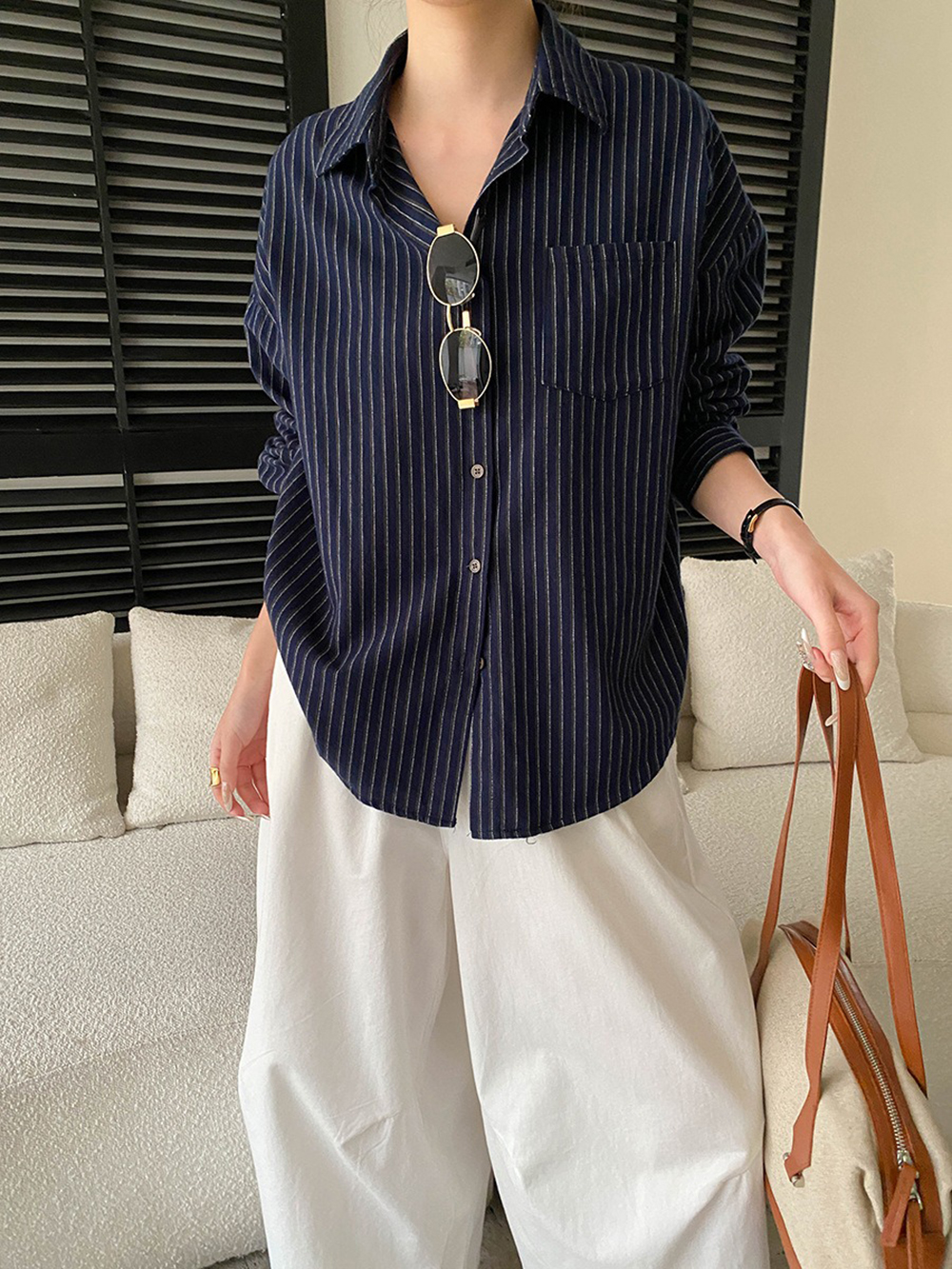 復古時髦撞色條紋襯衫,evaviva,4N-ZA09215,復古時髦撞色條紋襯衫,領500,999免運