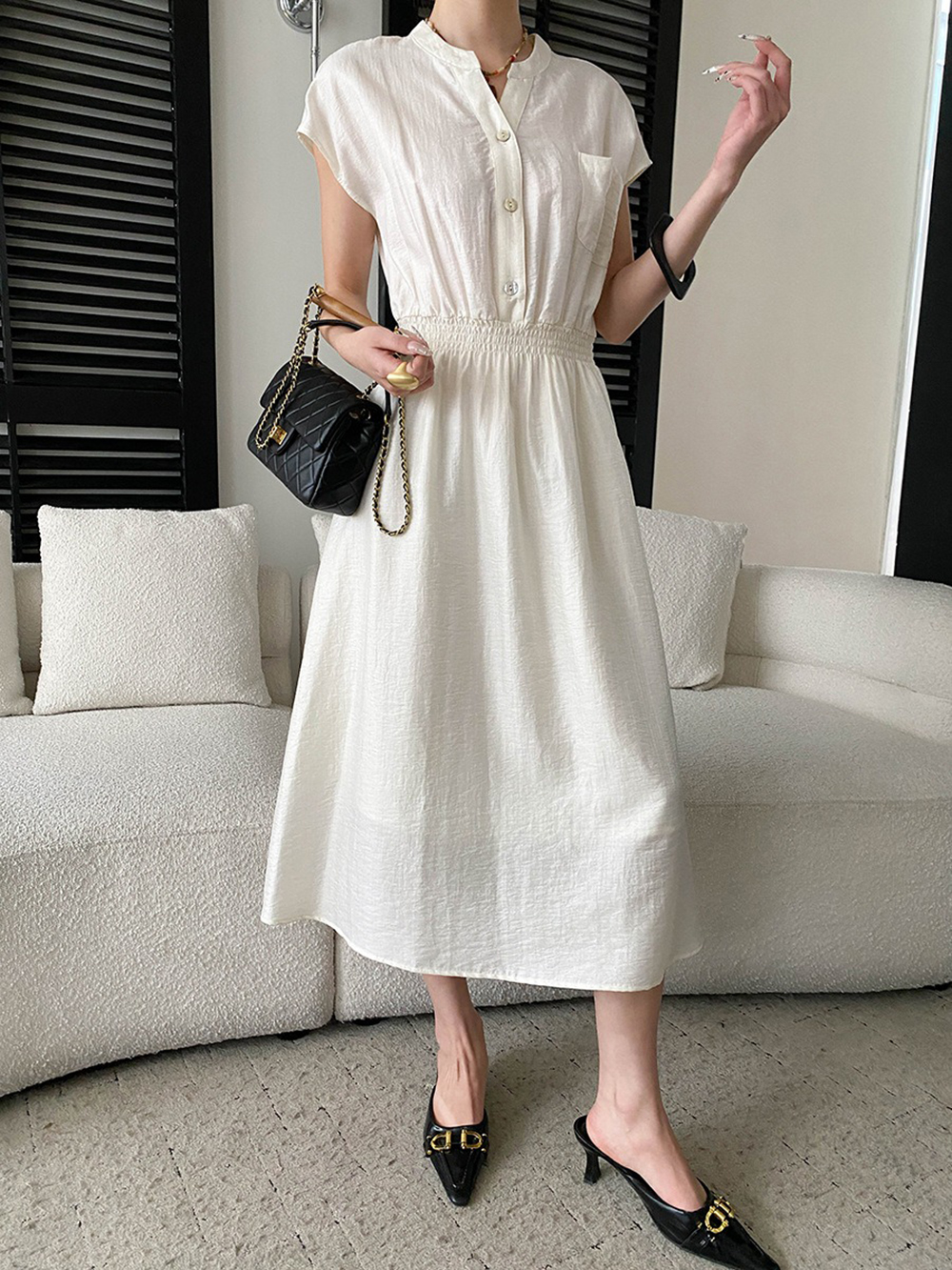 天絲混紡收腰長洋裝,evaviva,4N-ZD09213,天絲混紡收腰長洋裝,領500,999免運