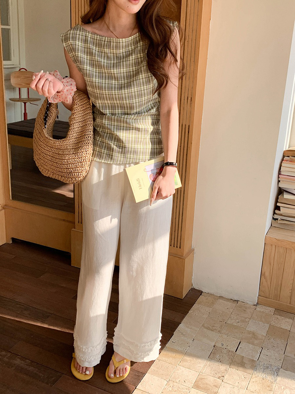 文藝風收腰格紋上衣,evaviva,8C-FD7539,文藝風收腰格紋上衣,領500,999免運