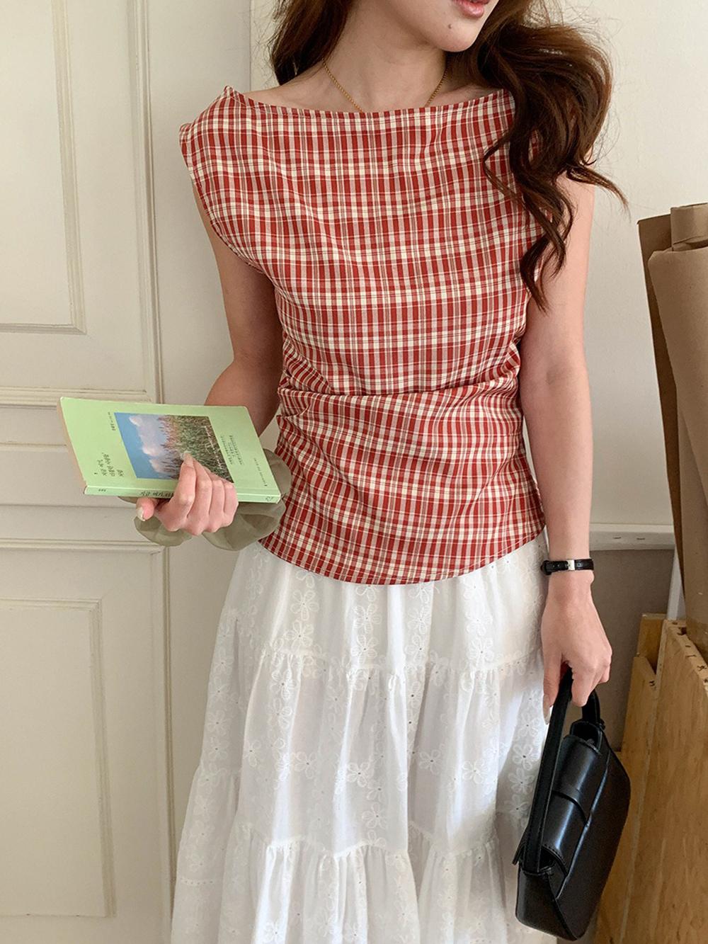 文藝風收腰格紋上衣,evaviva,8C-FD7539,文藝風收腰格紋上衣,領500,999免運