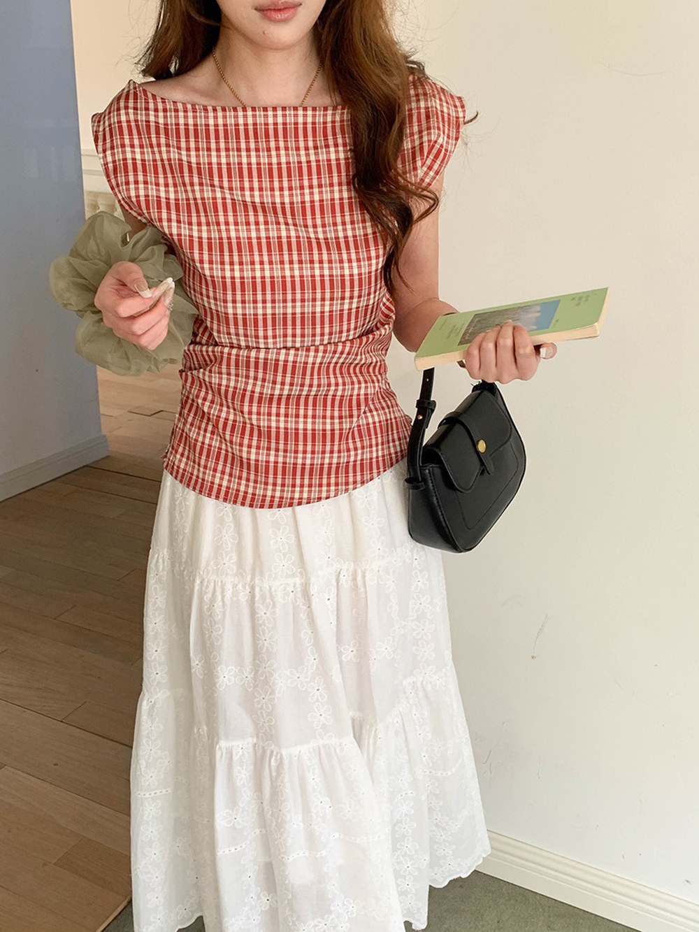 文藝風收腰格紋上衣,evaviva,8C-FD7539,文藝風收腰格紋上衣,領500,999免運