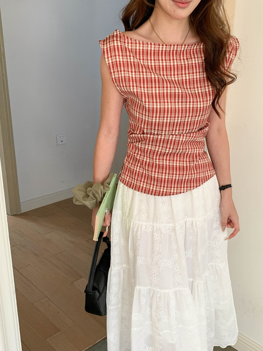 文藝風收腰格紋上衣,evaviva,8C-FD7539,文藝風收腰格紋上衣,領500,999免運