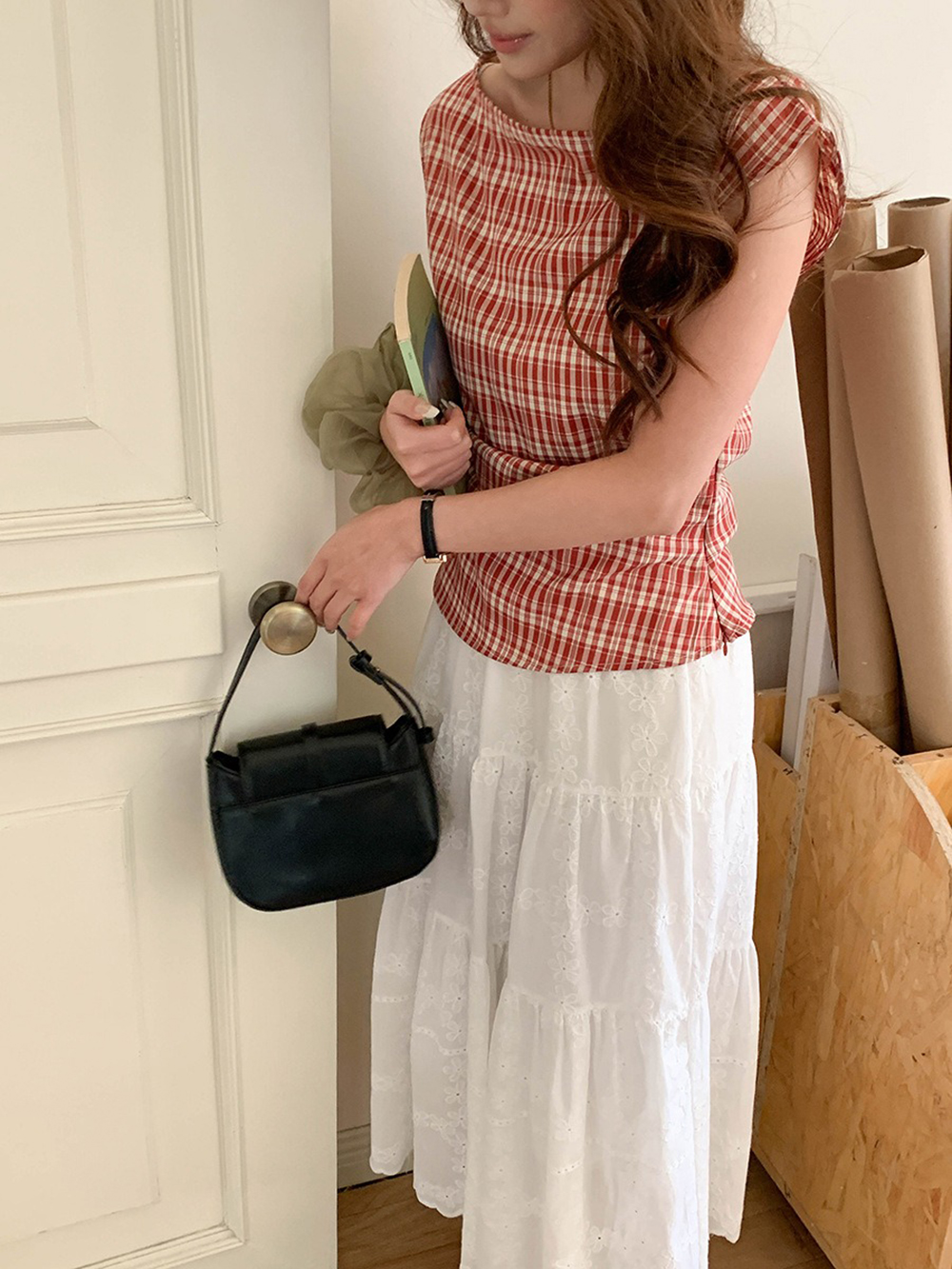 文藝風收腰格紋上衣,evaviva,8C-FD7539,文藝風收腰格紋上衣,領500,999免運