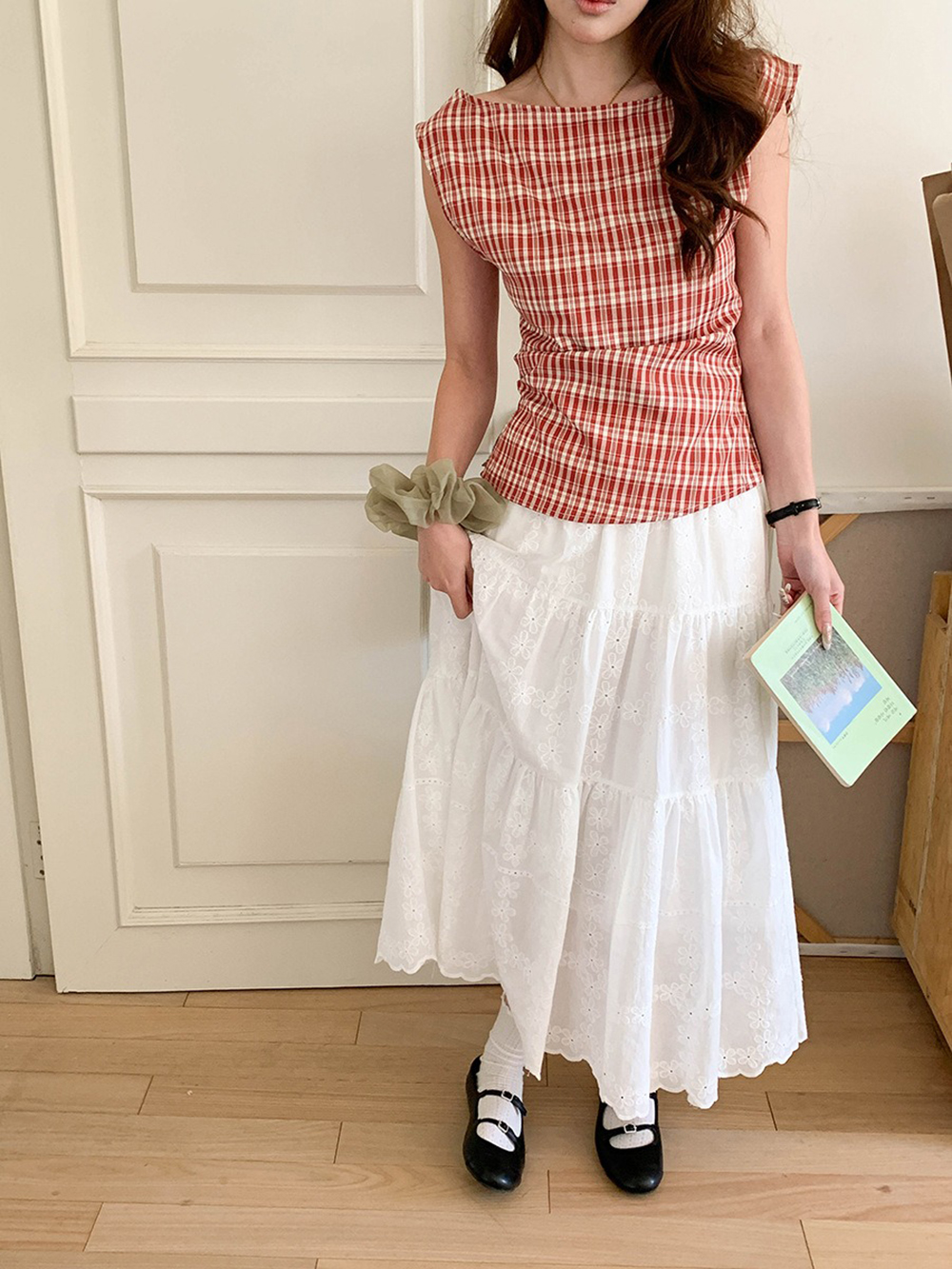 文藝風收腰格紋上衣,evaviva,8C-FD7539,文藝風收腰格紋上衣,領500,999免運