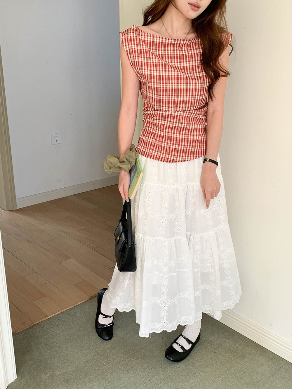 文藝風收腰格紋上衣,evaviva,8C-FD7539,文藝風收腰格紋上衣,領500,999免運