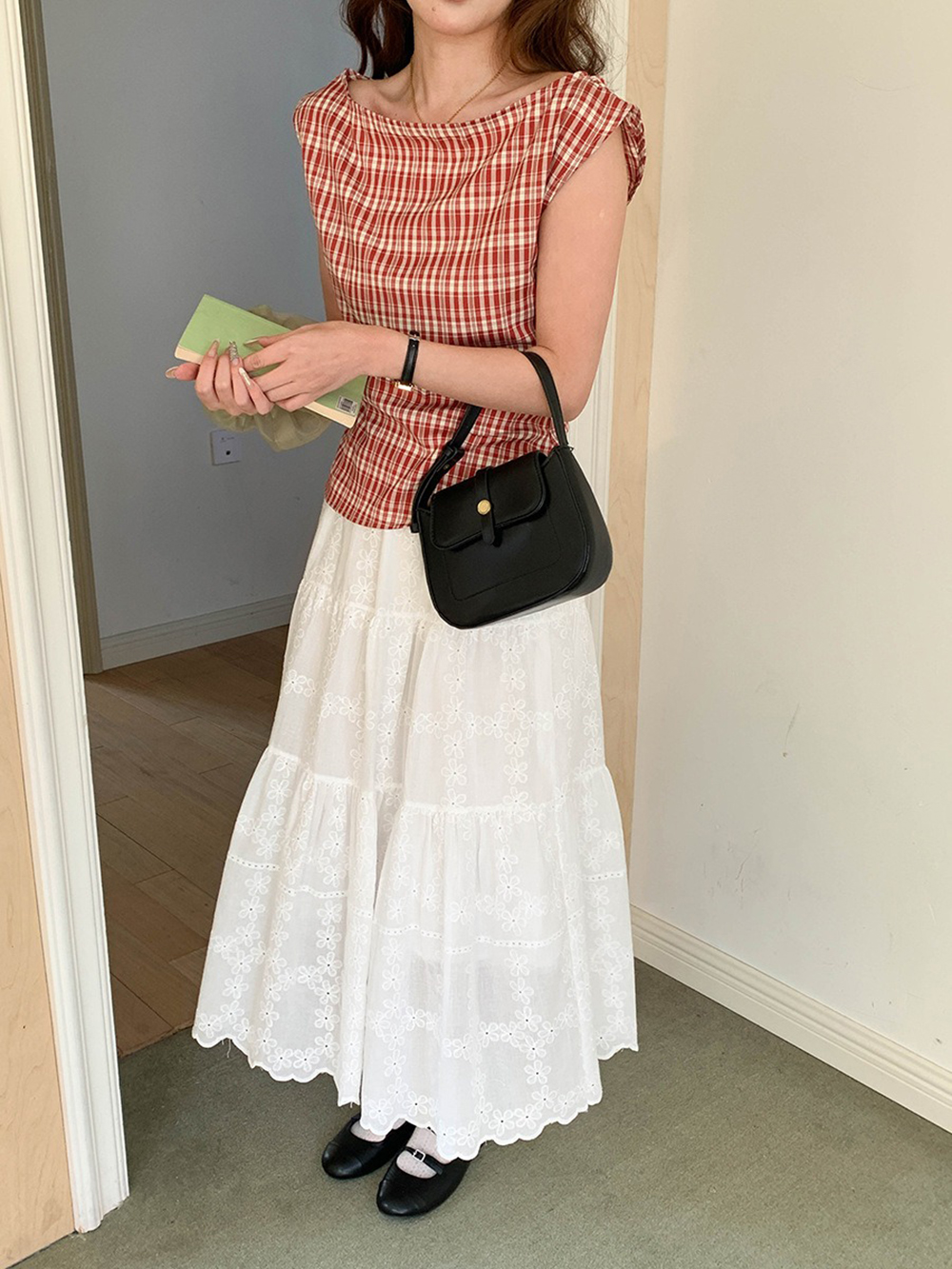 文藝風收腰格紋上衣,evaviva,8C-FD7539,文藝風收腰格紋上衣,領500,999免運