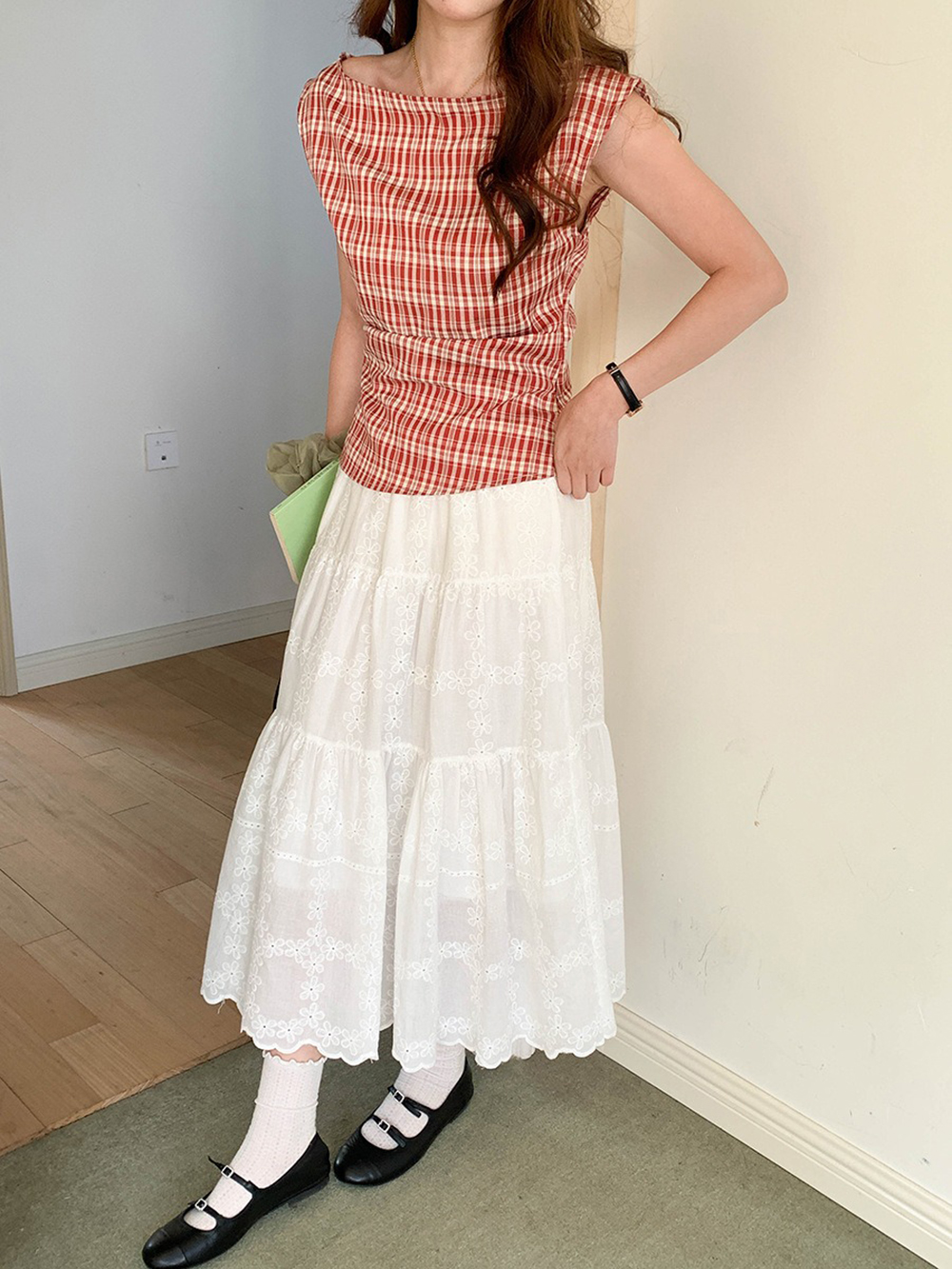 文藝風收腰格紋上衣,evaviva,8C-FD7539,文藝風收腰格紋上衣,領500,999免運