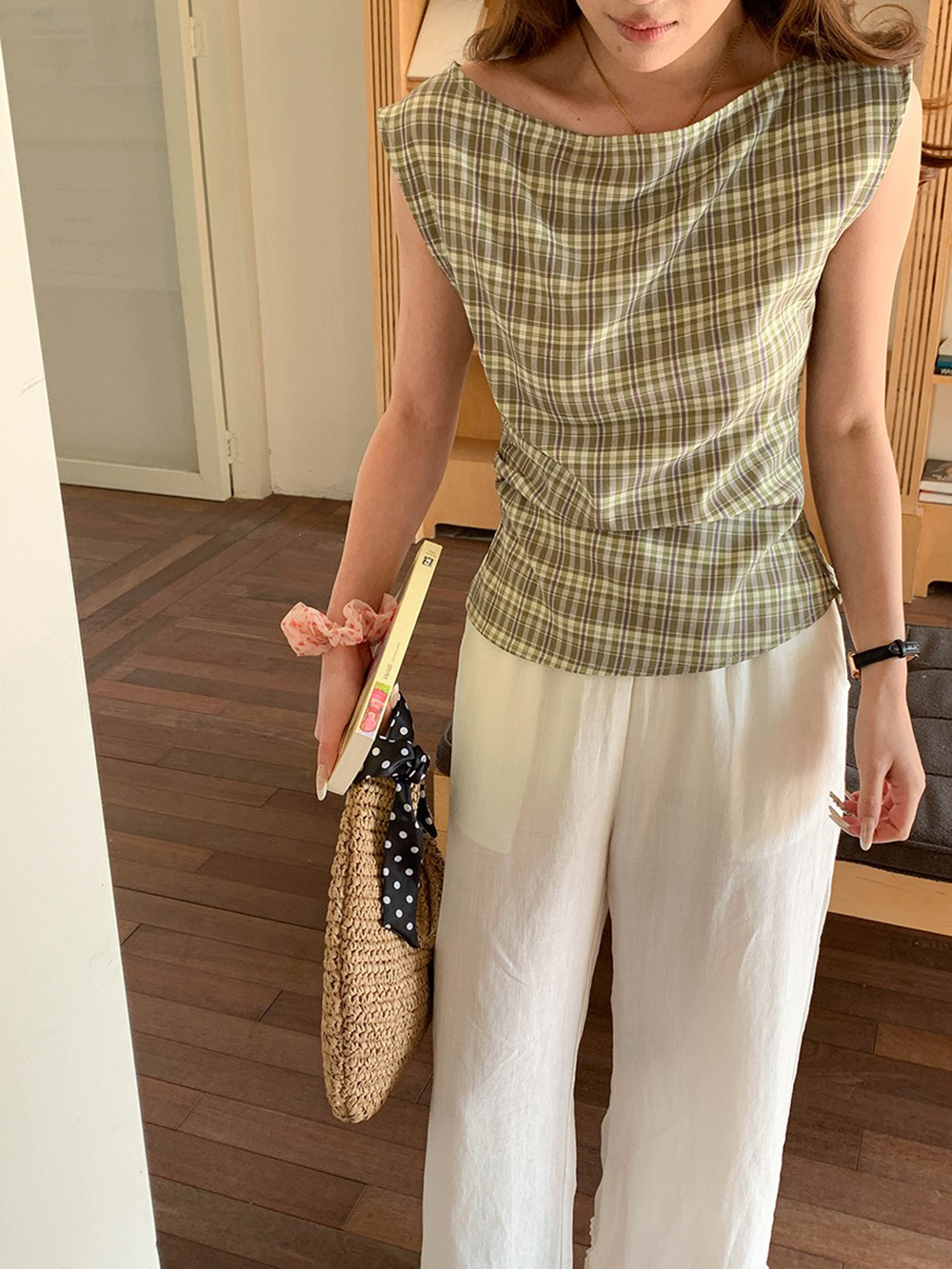 文藝風收腰格紋上衣,evaviva,8C-FD7539,文藝風收腰格紋上衣,領500,999免運