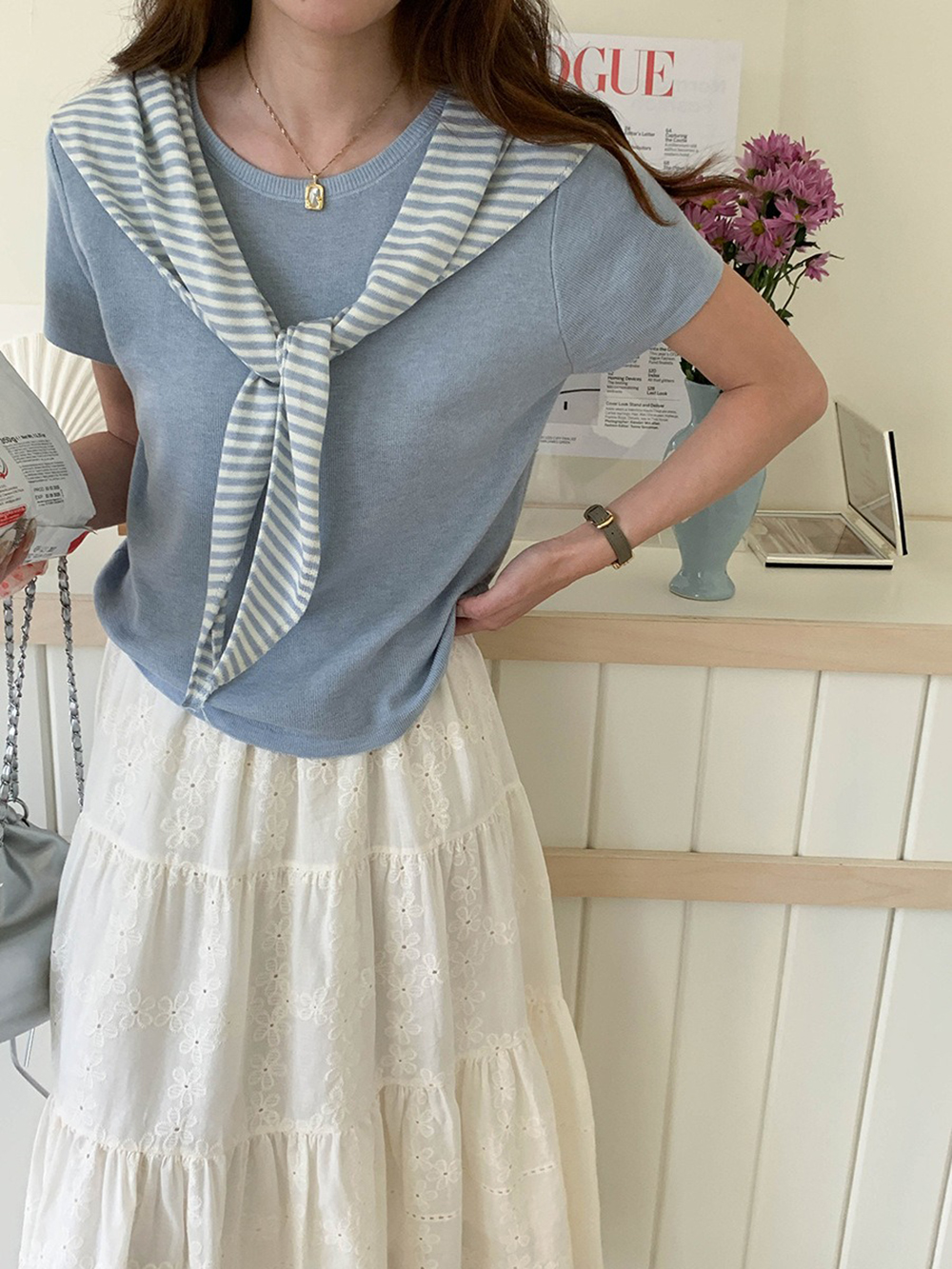 條紋披肩短袖針織上衣,evaviva,8C-FD7540,條紋披肩短袖針織上衣,周新品優惠,NEWARRIVAL