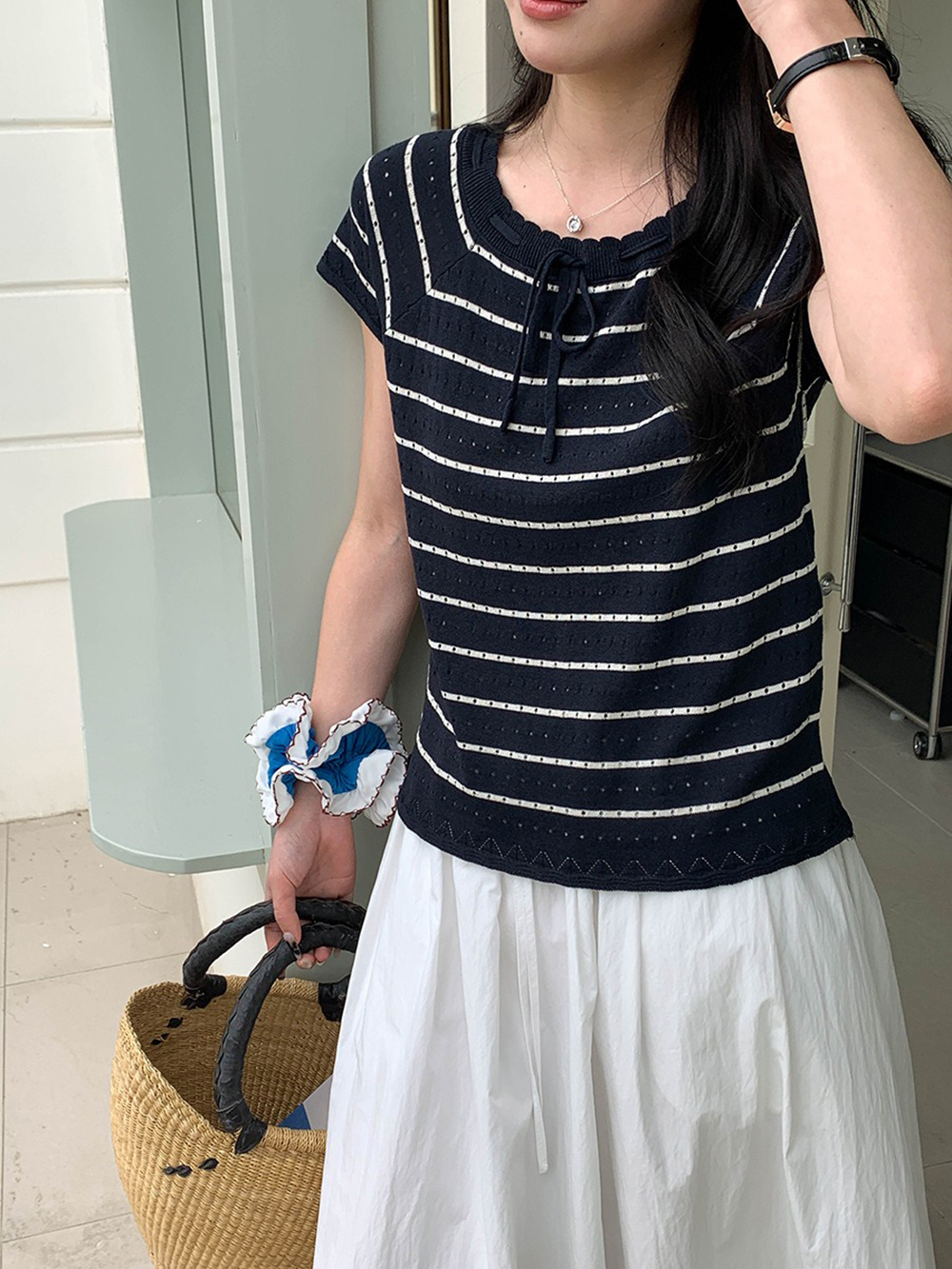 綁帶鏤空條紋針織上衣,evaviva,8C-FD7571,綁帶鏤空條紋針織上衣,領500,999免運