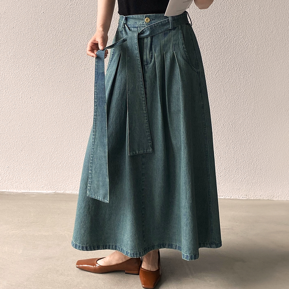 後腰鬆緊打摺感牛仔裙