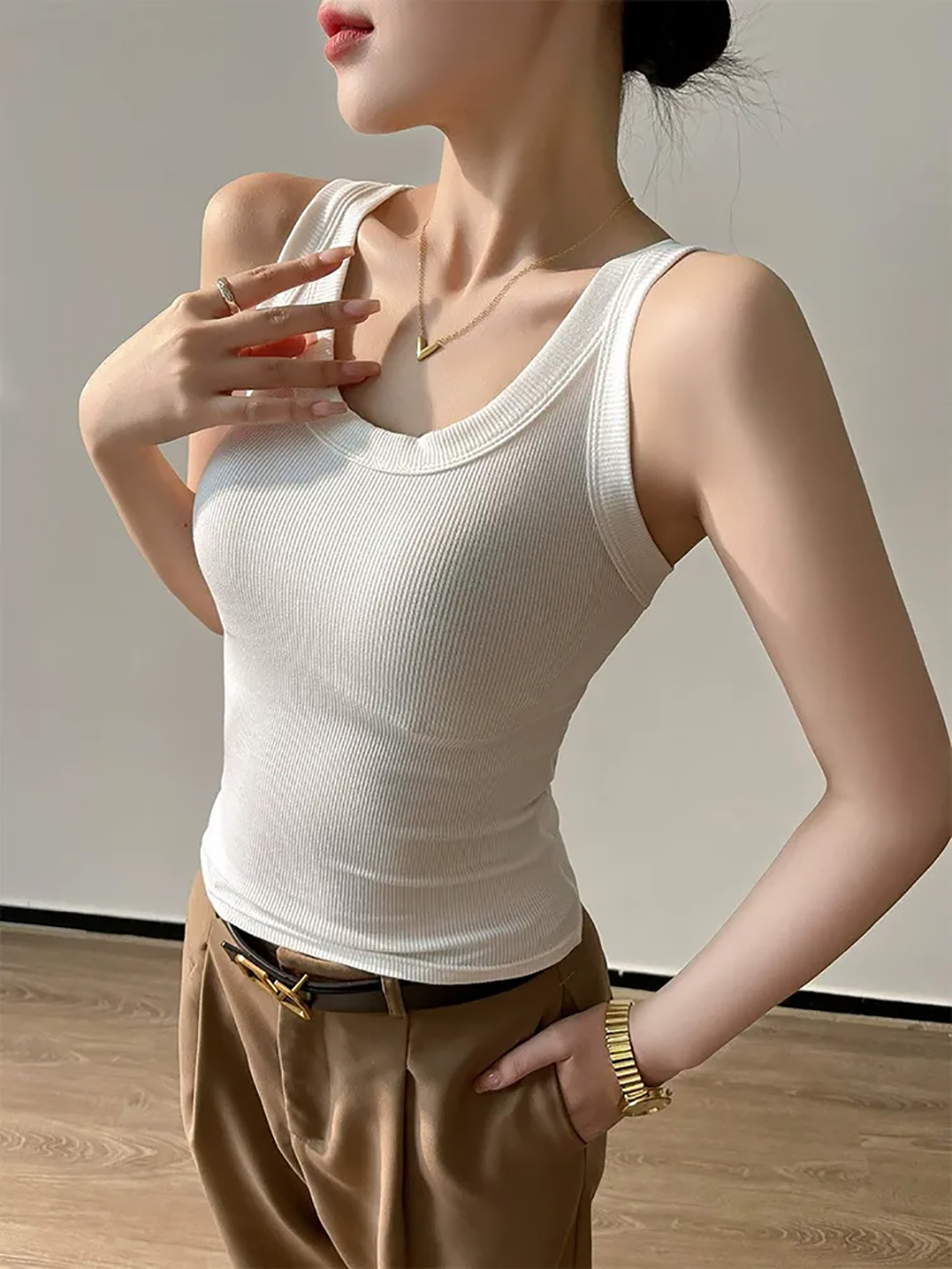 基本款羅紋襯墊式背心,evaviva,8C-GR7578,基本款羅紋襯墊式背心,領500,999免運
