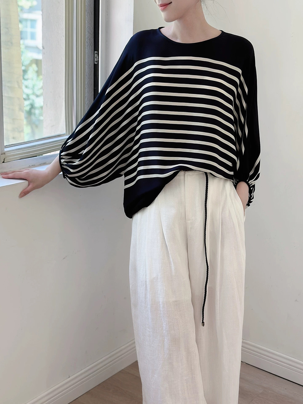 垂墜感飛鼠袖條紋上衣,evaviva,99-AL7582,垂墜感飛鼠袖條紋上衣,領500,999免運