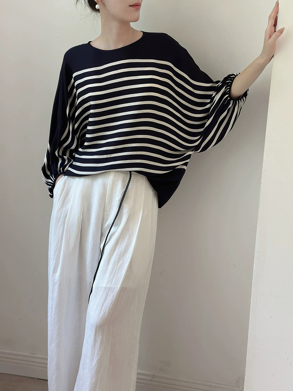 垂墜感飛鼠袖條紋上衣,evaviva,99-AL7582,垂墜感飛鼠袖條紋上衣,領500,999免運