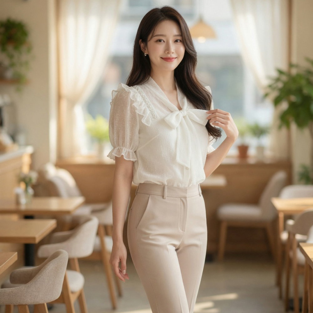 珠飾蝴蝶結綁帶上衣